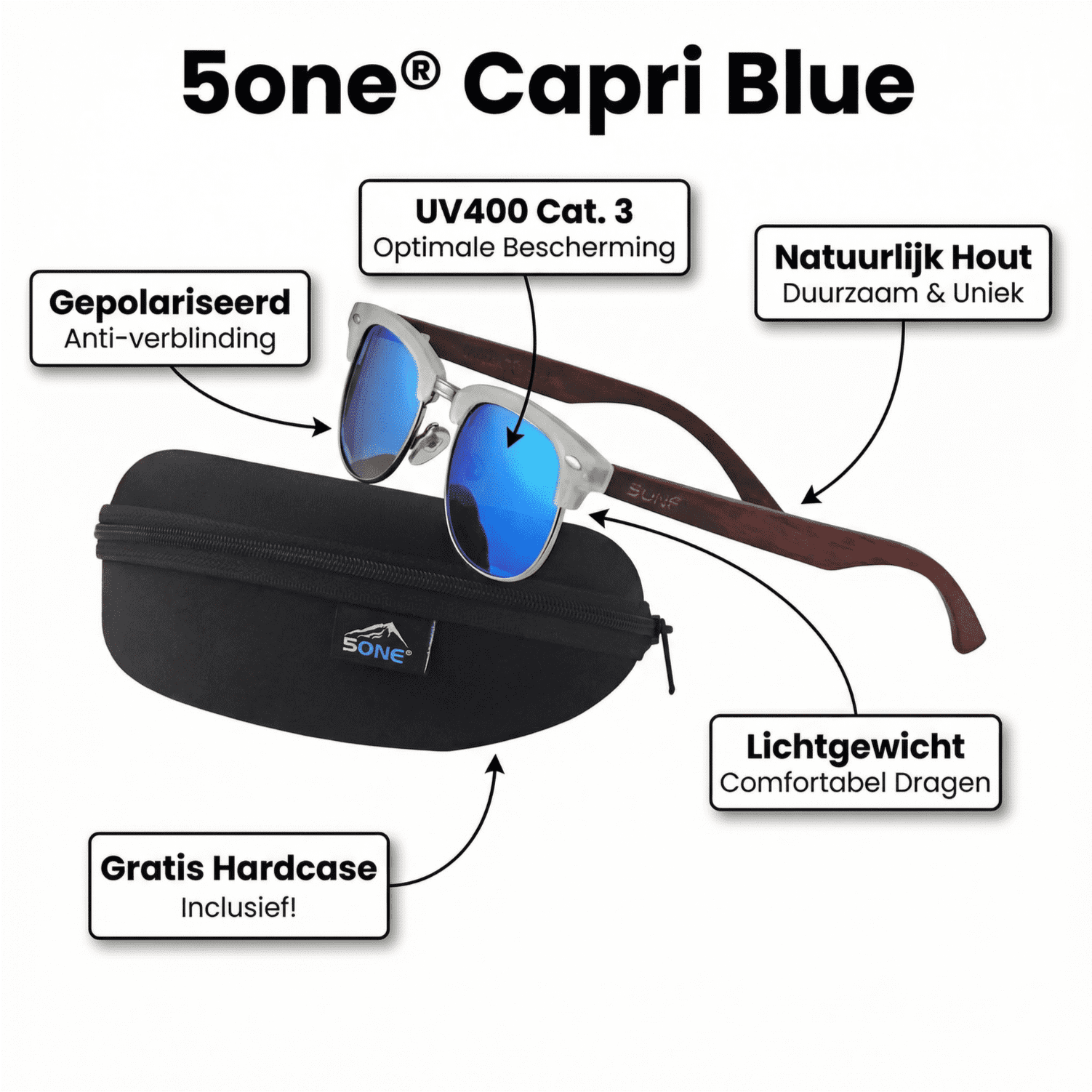5one® Capri Blue Duwood Houten Zonnebril met blauwe spiegellenzen