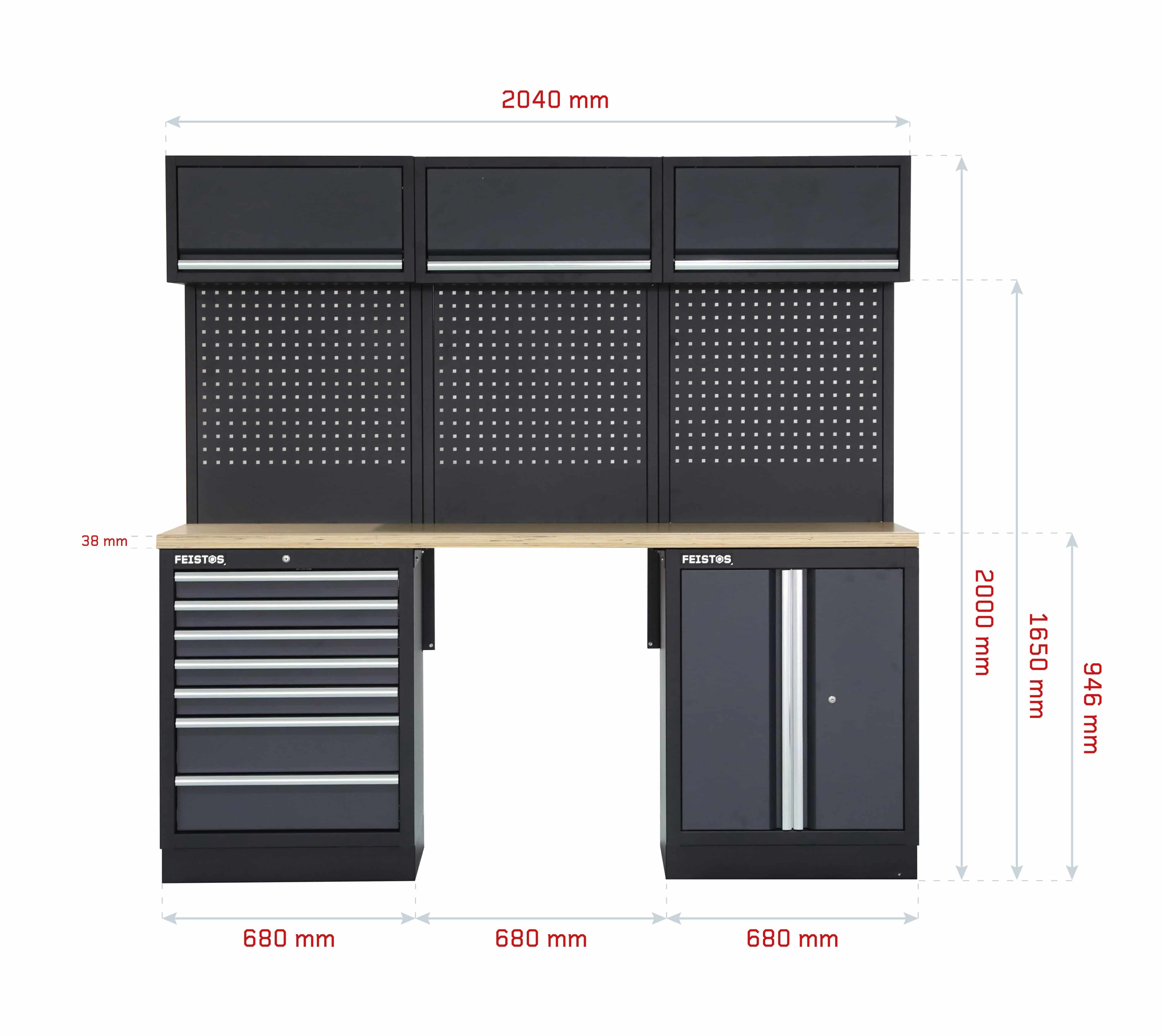 Feistos Gereedschapskast Apollo 8 Met geperforeerde wand - 46x204x200cm | Grijs/zwart