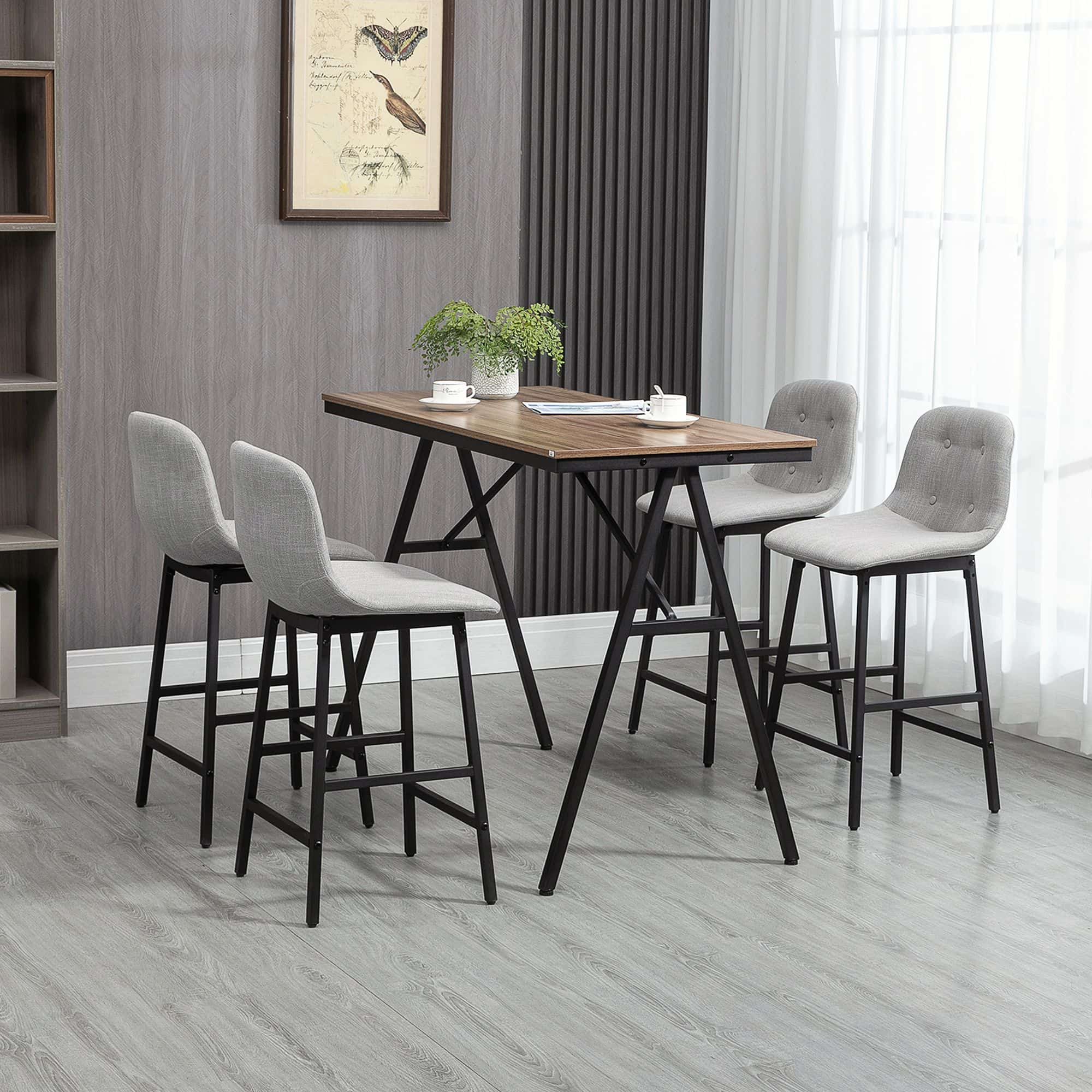 5-delige Bartafel met 4 Stoelen - Comfortabele Dikke Linnenlook Stoelbekleding - Grijs