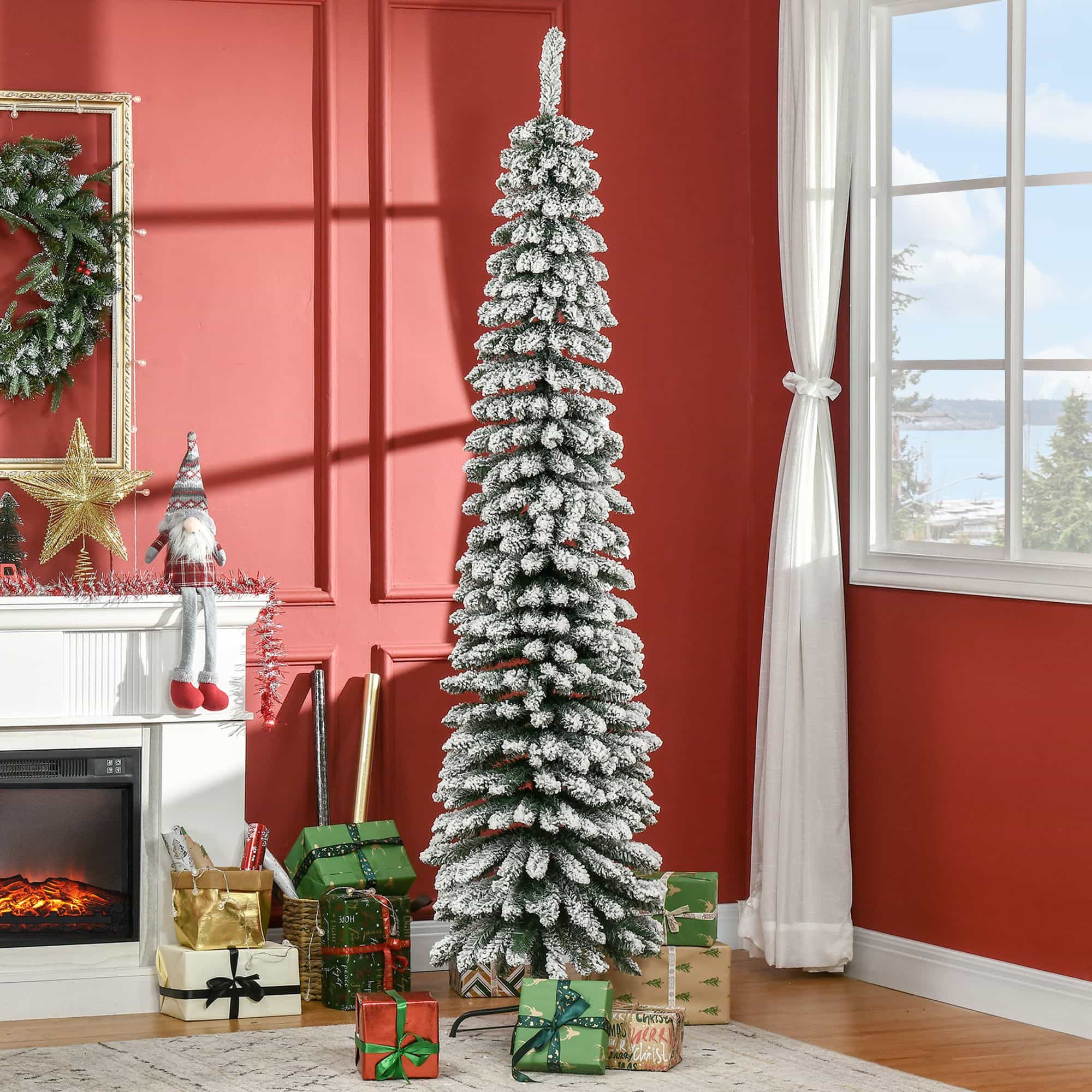 Homcom Kerstboom Smal met Sneeuw - incl. standaard 210 cm - Wit/Groen