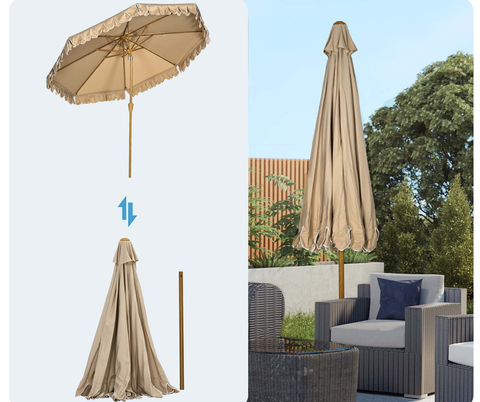 4goodz Parasol met Volant en kantfranjes Ø264 cm - kantelbaar - Houtlook - kaki