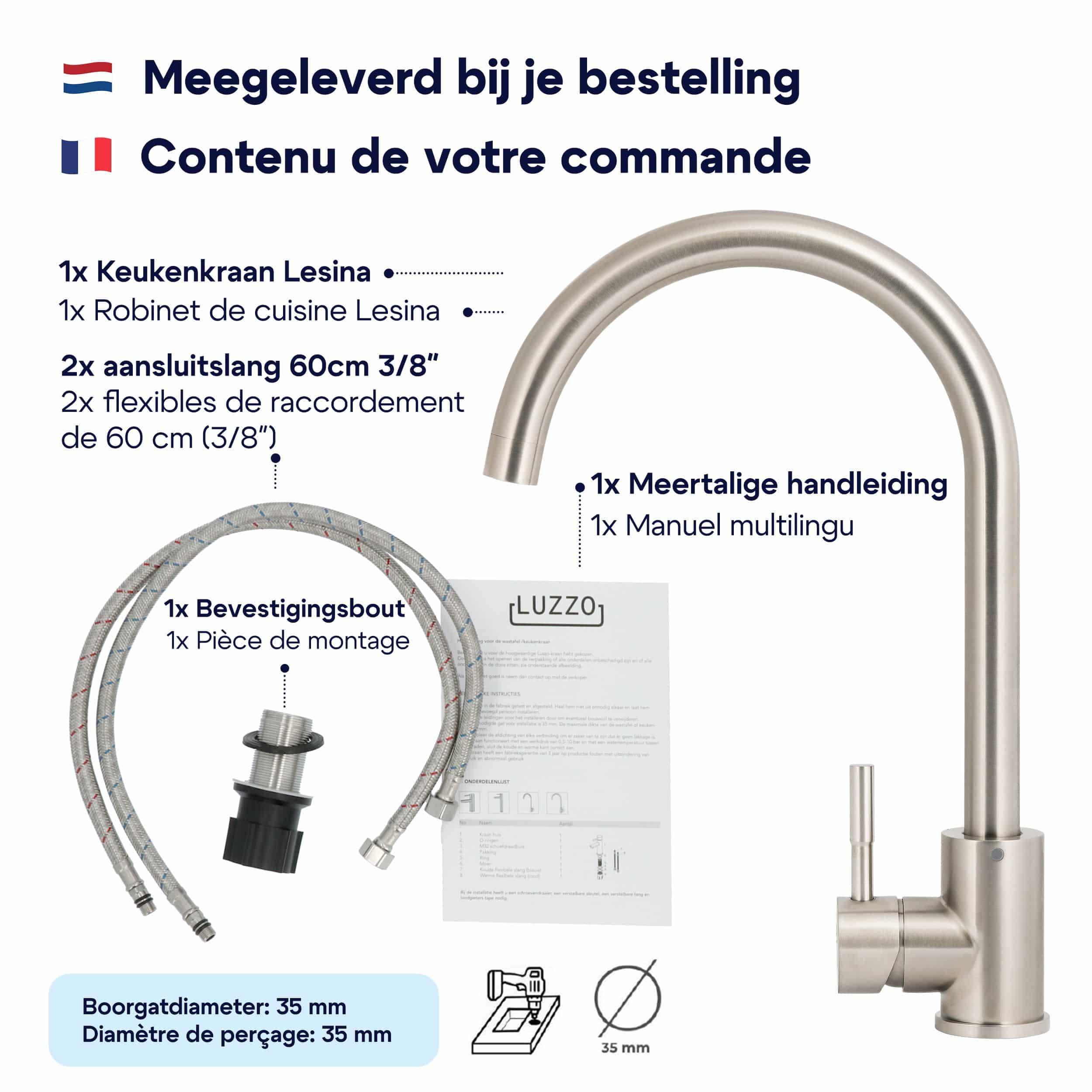 Luzzo® Lesina Keuken mengkraan Brushed Steel – hoog model ronde uitloop - 100% roestvrij staal (RVS) - strak modern design Luzzo® Lesina Keuken mengkraan Brushed Steel – hoog model ronde uitloop - 100% roestvrij staal (RVS) - strak modern design