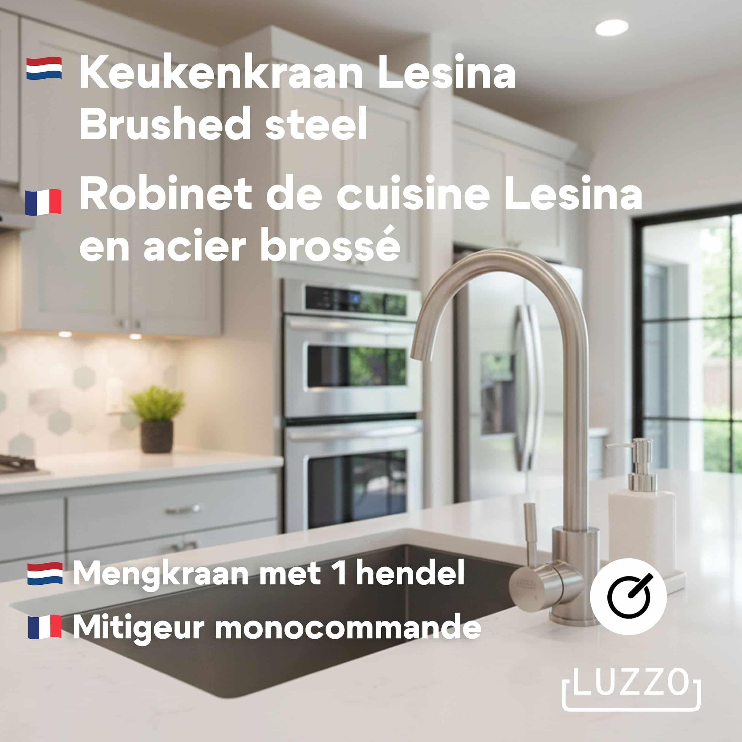 Luzzo® Lesina Keuken­ mengkraan Brushed Steel – hoog model ronde uitloop - 100% roest­vrij staal (RVS) - strak modern design