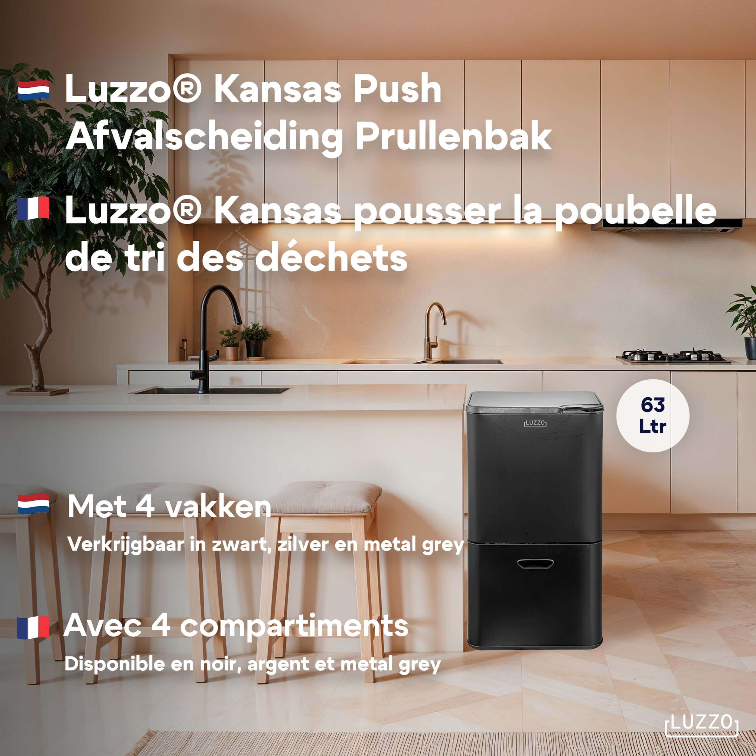 Luzzo Kansas Prullenbak 63 liter Afvalscheiding 4 vakken - Zwart Luzzo Kansas Prullenbak 63 liter Afvalscheiding 4 vakken - Zwart