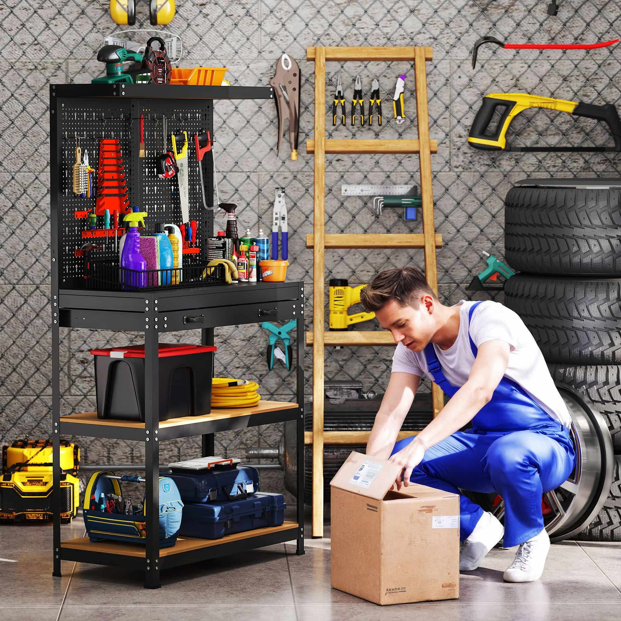 Werkbank met perforatiebord, haken en lade 40x80x155 cm - Zwart