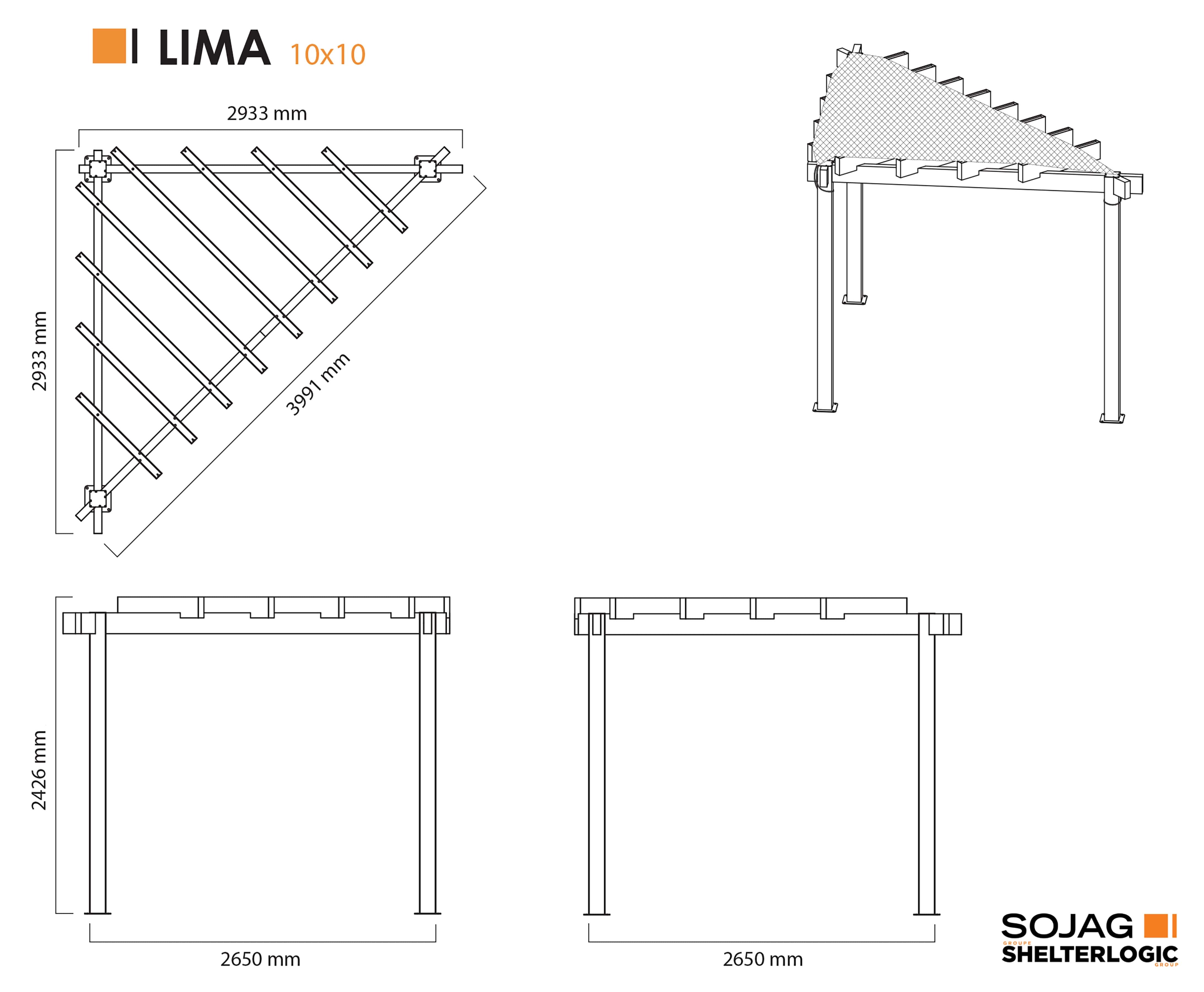 Sojag Lima - Driehoeks Pergola 293x293 cm met zonnescherm - Lichtgrijs