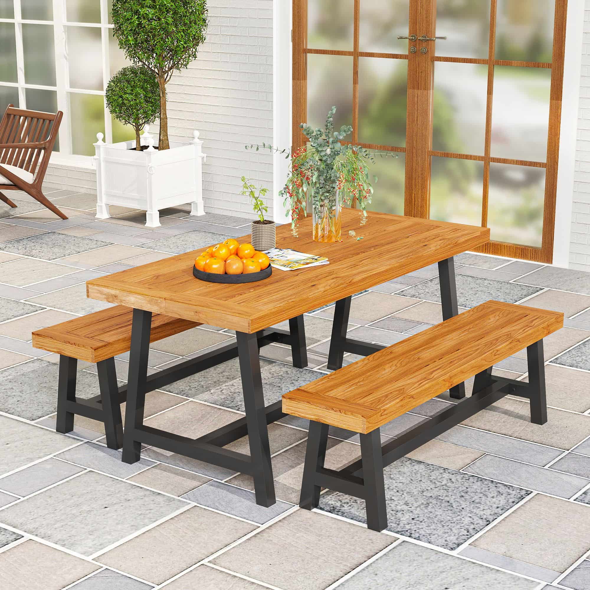 Tuintafelset voor 4 Personen met houten tafelblad - Zwart/Bruin