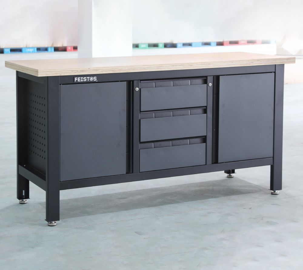 Feistos Werkbank Heros 2 inclusief geperforeerde wand - 169x60x87cm - Antraciet/zwart