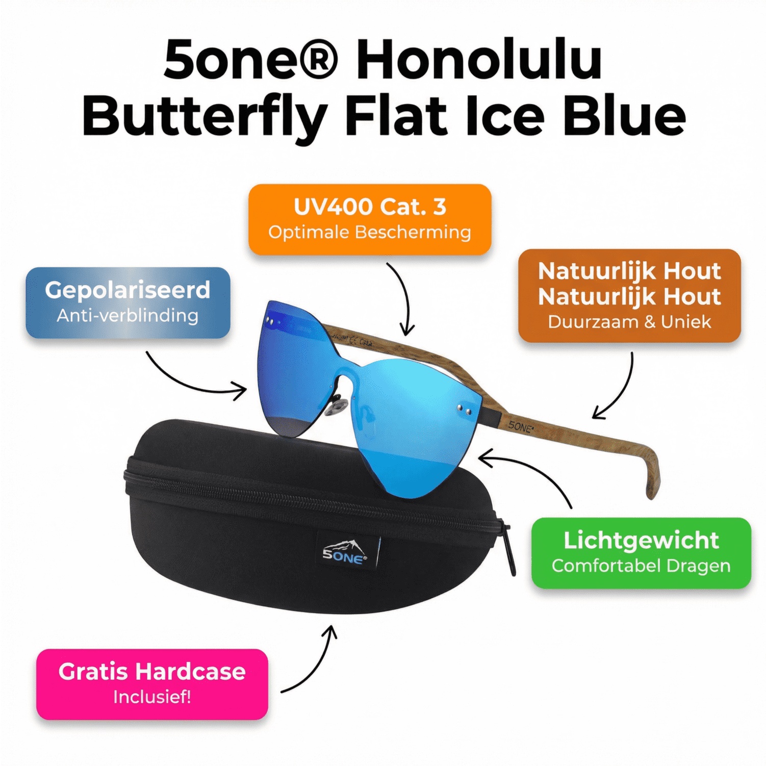 5one® Honolulu Butterfly Flat Ice Blue - Duwood hout zonnebril - blauw