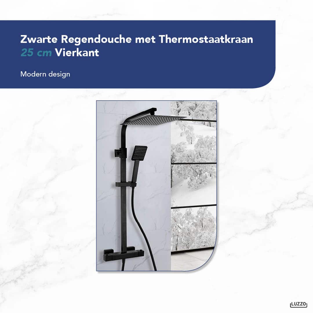 Luzzo® Zwarte Regendouche met Thermostaatkraan - 25 cm Vierkant