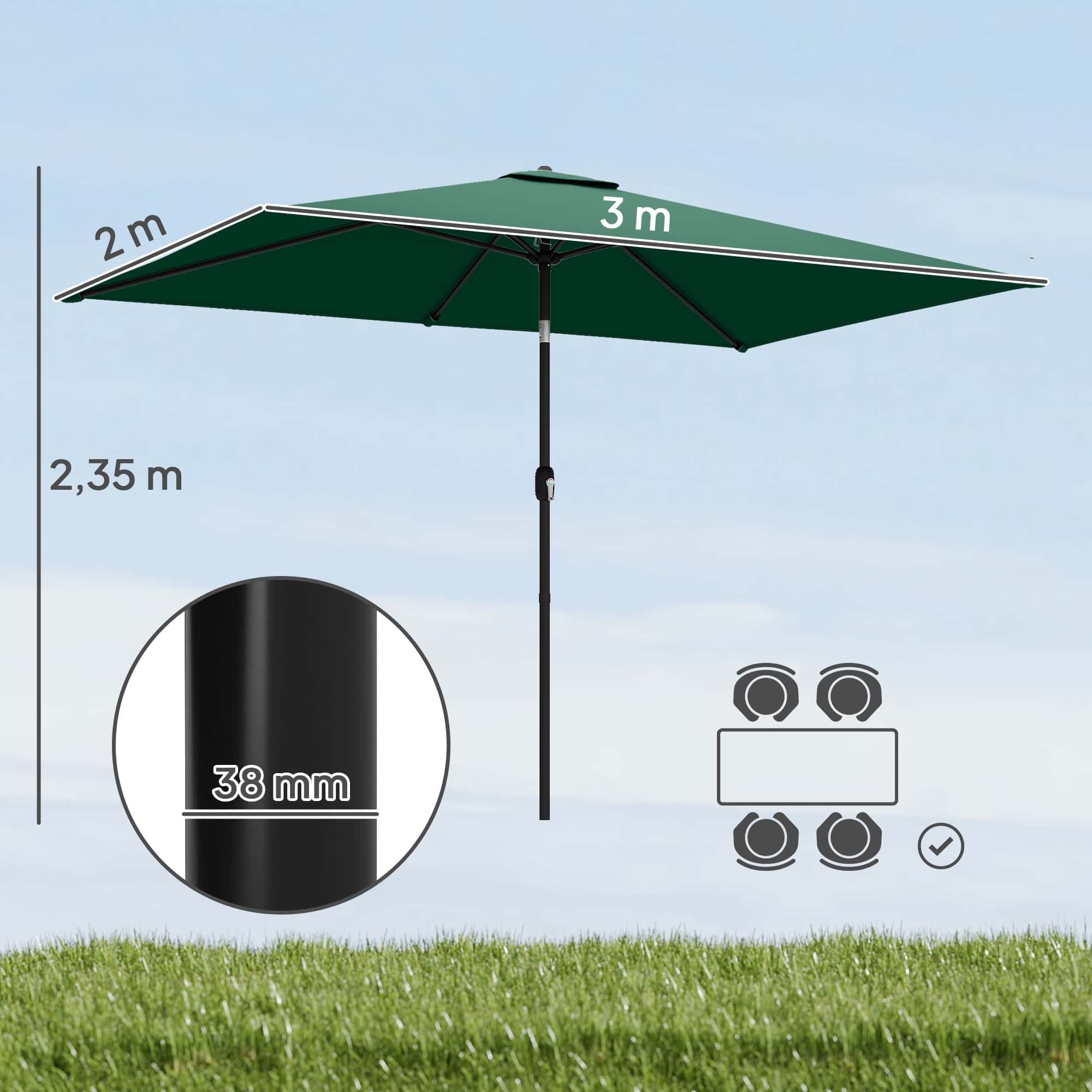 4goodz Parasol 300 x 200 cm - kantelbare balkonparasol met draaihendel - groen