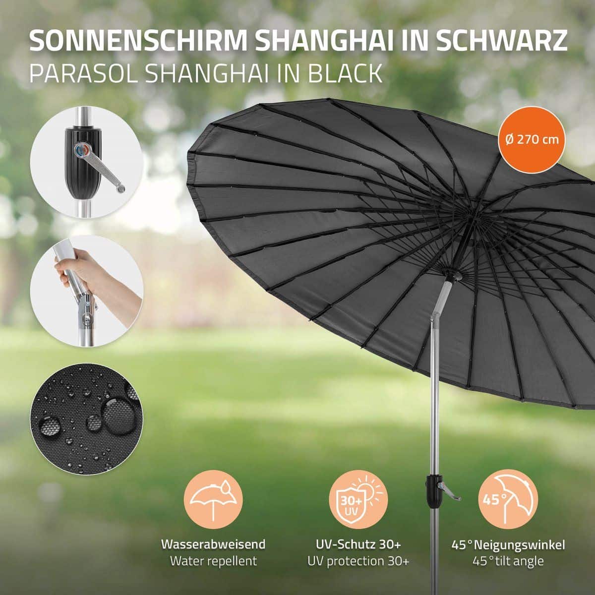 Parasol Shanghai 270 cm met Aluminium buis - kleur Charcoal