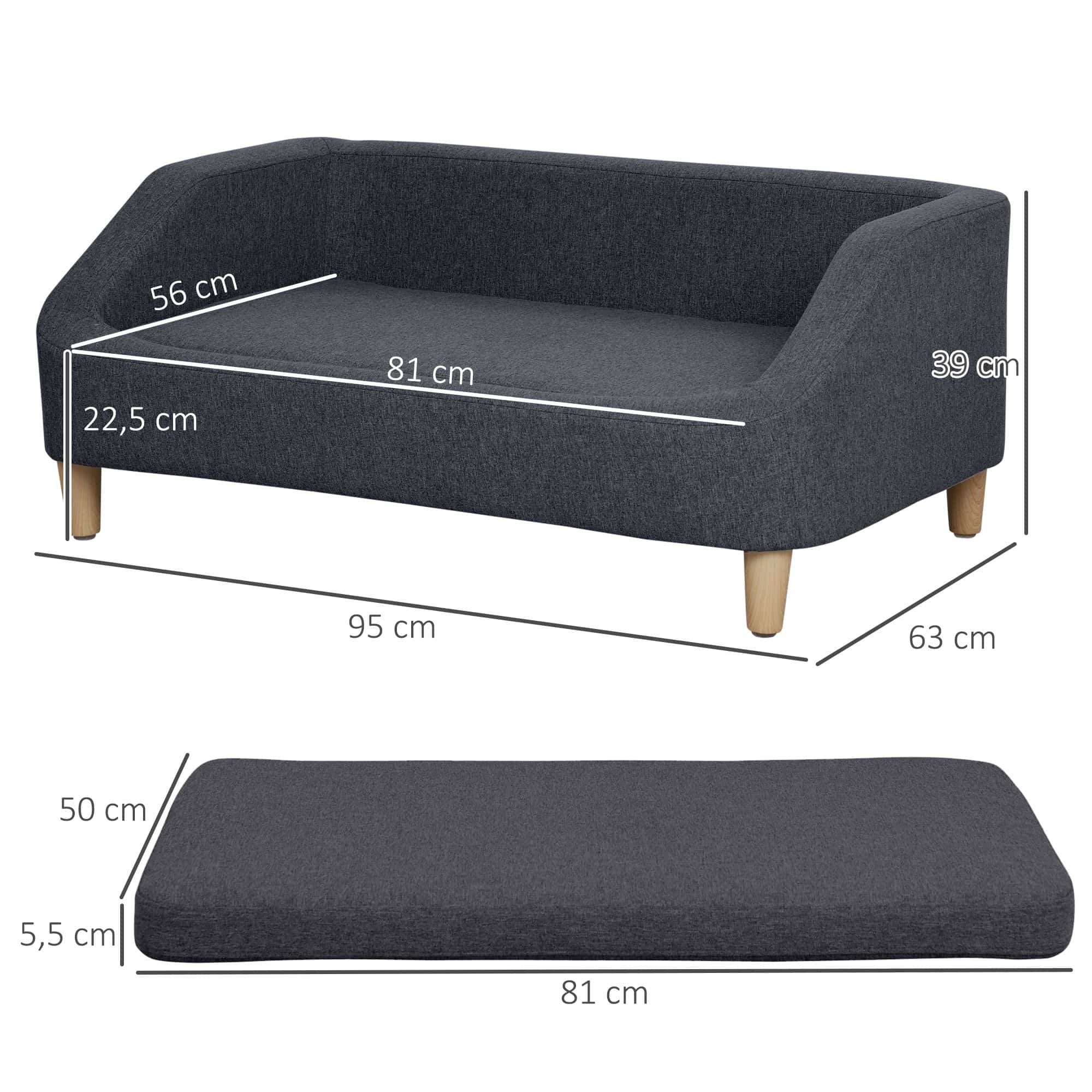 Katten- en Hondenbank met houten Poten 95 x 63 x 39 cm - Donkergrijs