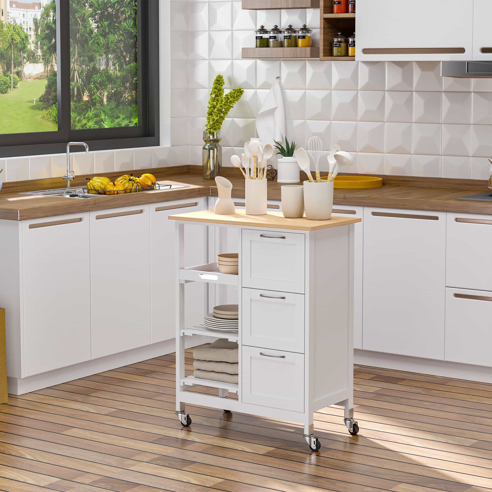 Homcom Keukentrolley Keukeneiland met 3 Laden, Wit