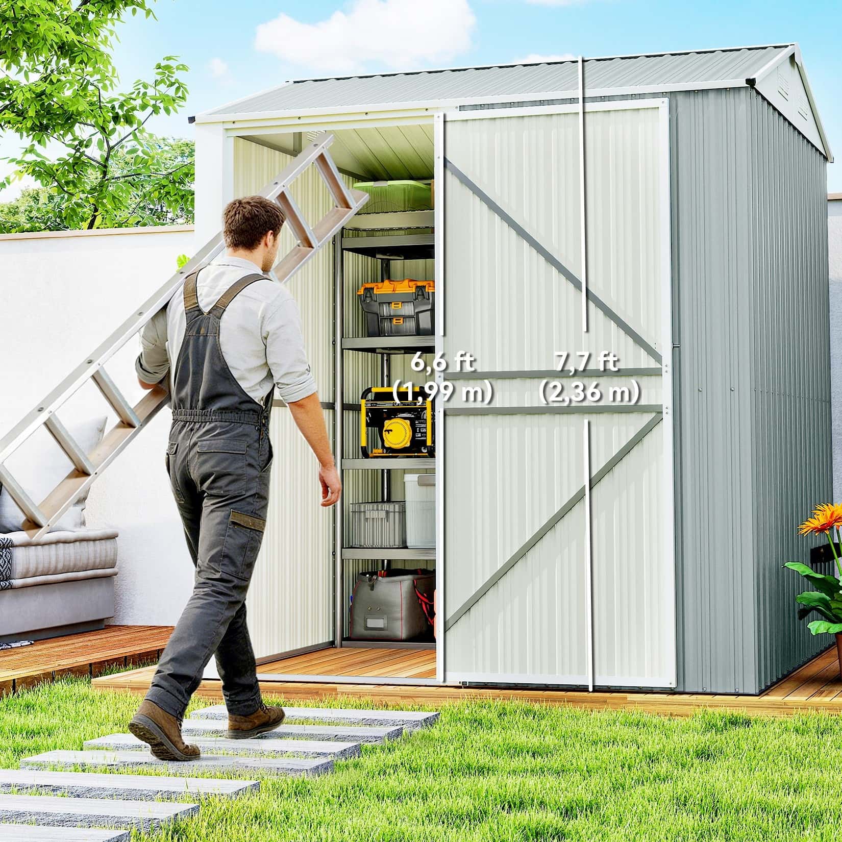 4goodz Metalen Tuinschuur - Afsluitbaar - 209x177x236 cm - Lichtgrijs