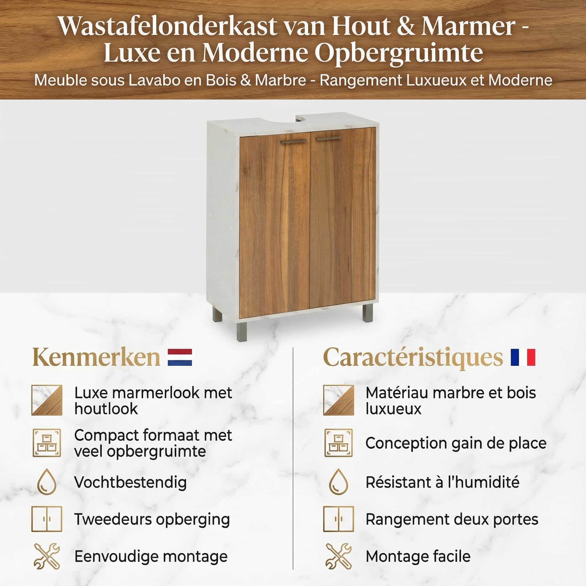 4bathroomz Wastafel Onderkast met Uitsparing Lugano - marmer/houtlook 4bathroomz Wastafel Onderkast met Uitsparing Lugano - marmer/houtlook