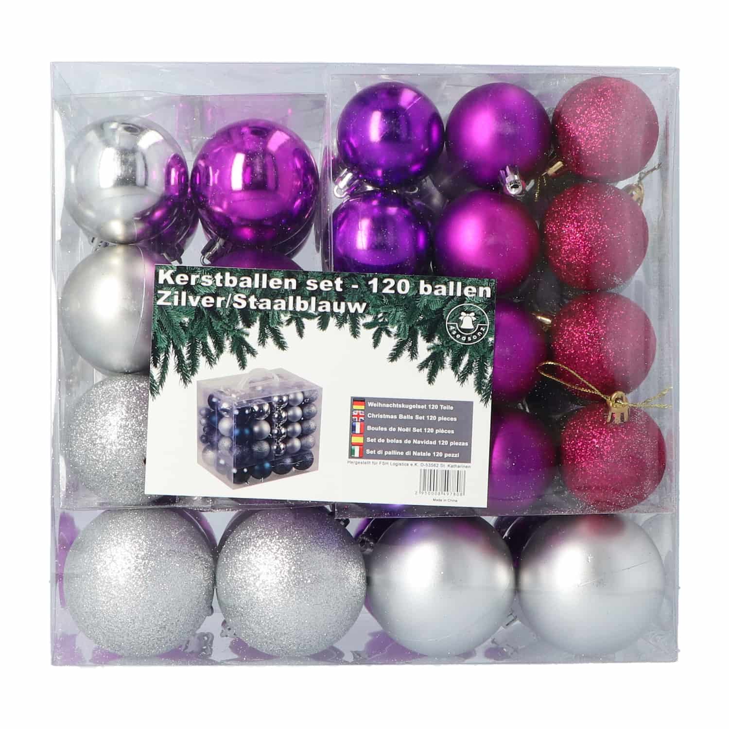 Kunststof Kerstballen set 120 ballen - binnen buiten - Zilver/Paars