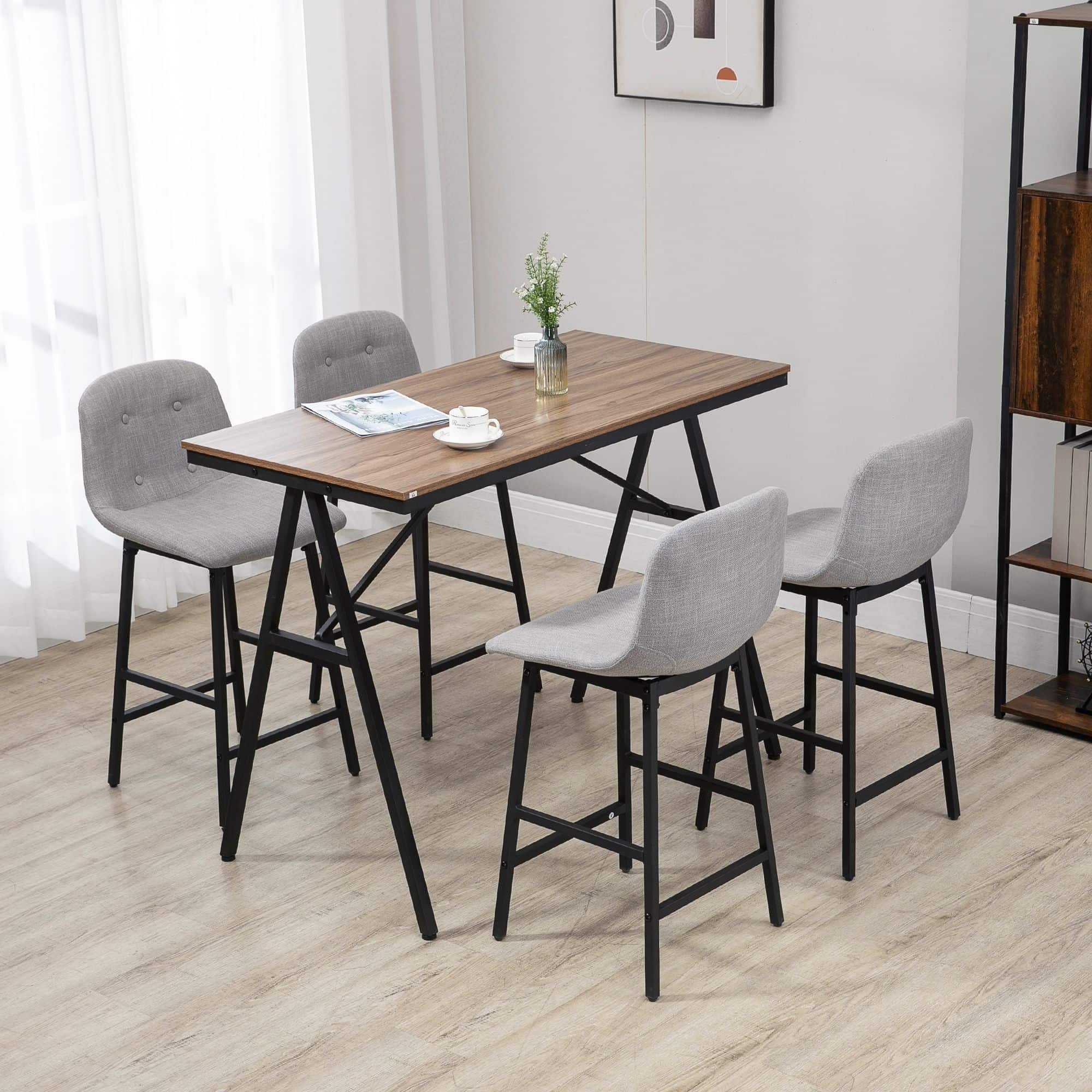 5-delige Bartafel met 4 Stoelen - Comfortabele Dikke Linnenlook Stoelbekleding - Grijs
