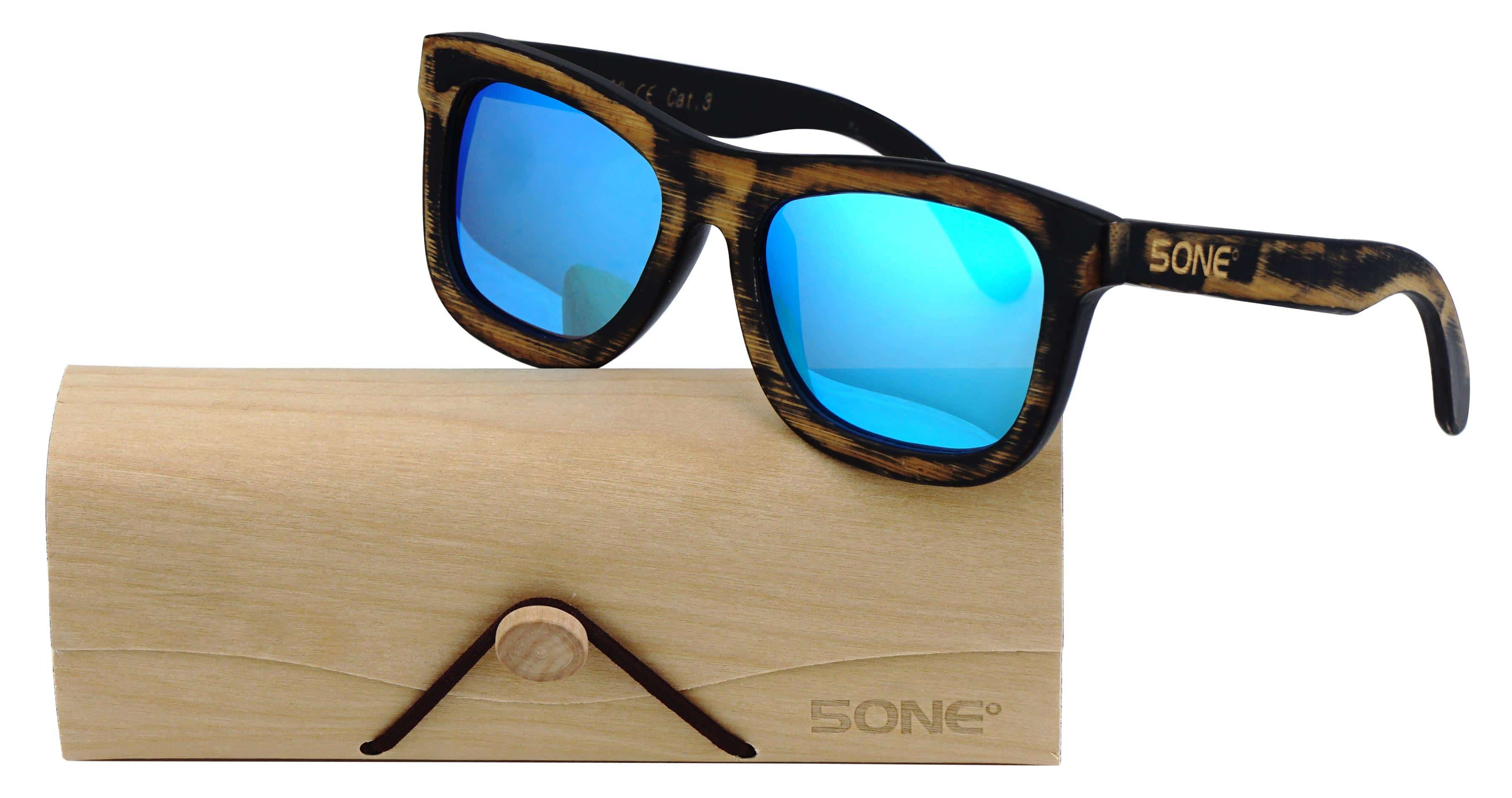 5one® Bamboe Vintage Blue - houten zonnebril - blauwe spiegellens