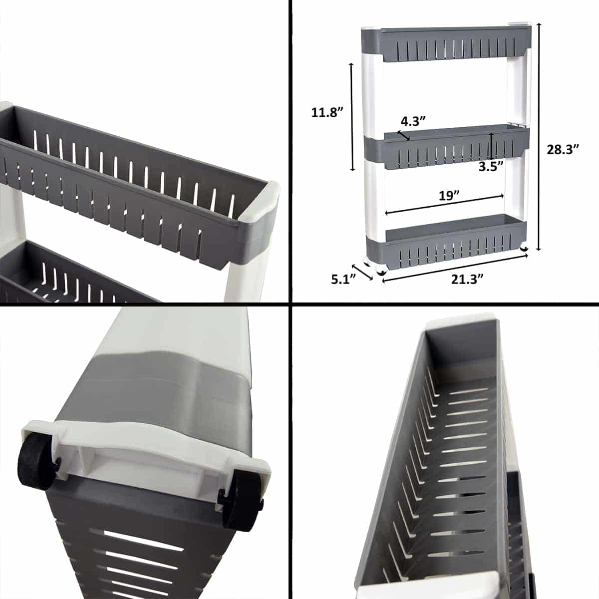 Opbergrek op wielen met 3 vakken - 54x12x72 cm - Grijs/Wit