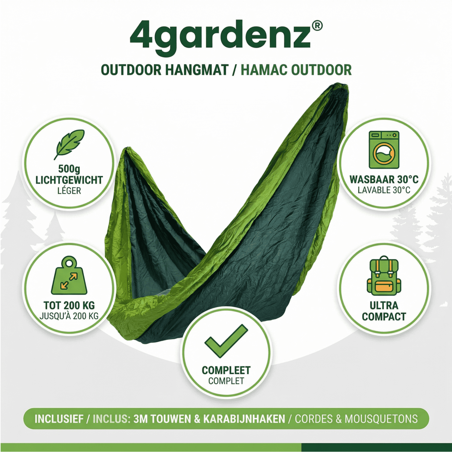 4gardenz® Outdoor Hangmat – Parachutestof – 270 cm – Compact & Sterk - Groen 4gardenz® Outdoor Hangmat – Parachutestof – 270 cm – Compact & Sterk - Groen