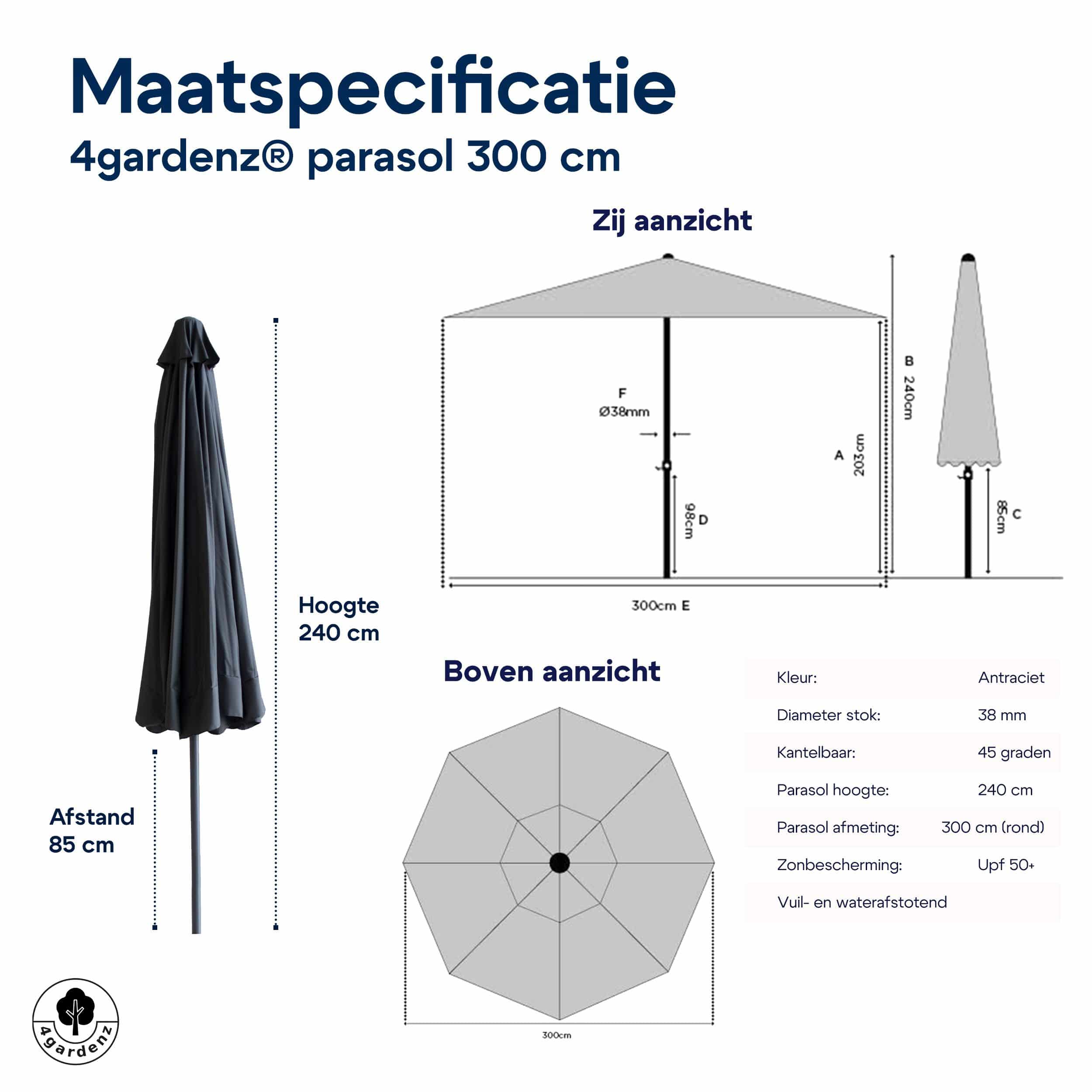 4gardenz® Parasol Rond 300 cm met Volant - Kantelbaar - Antraciet
