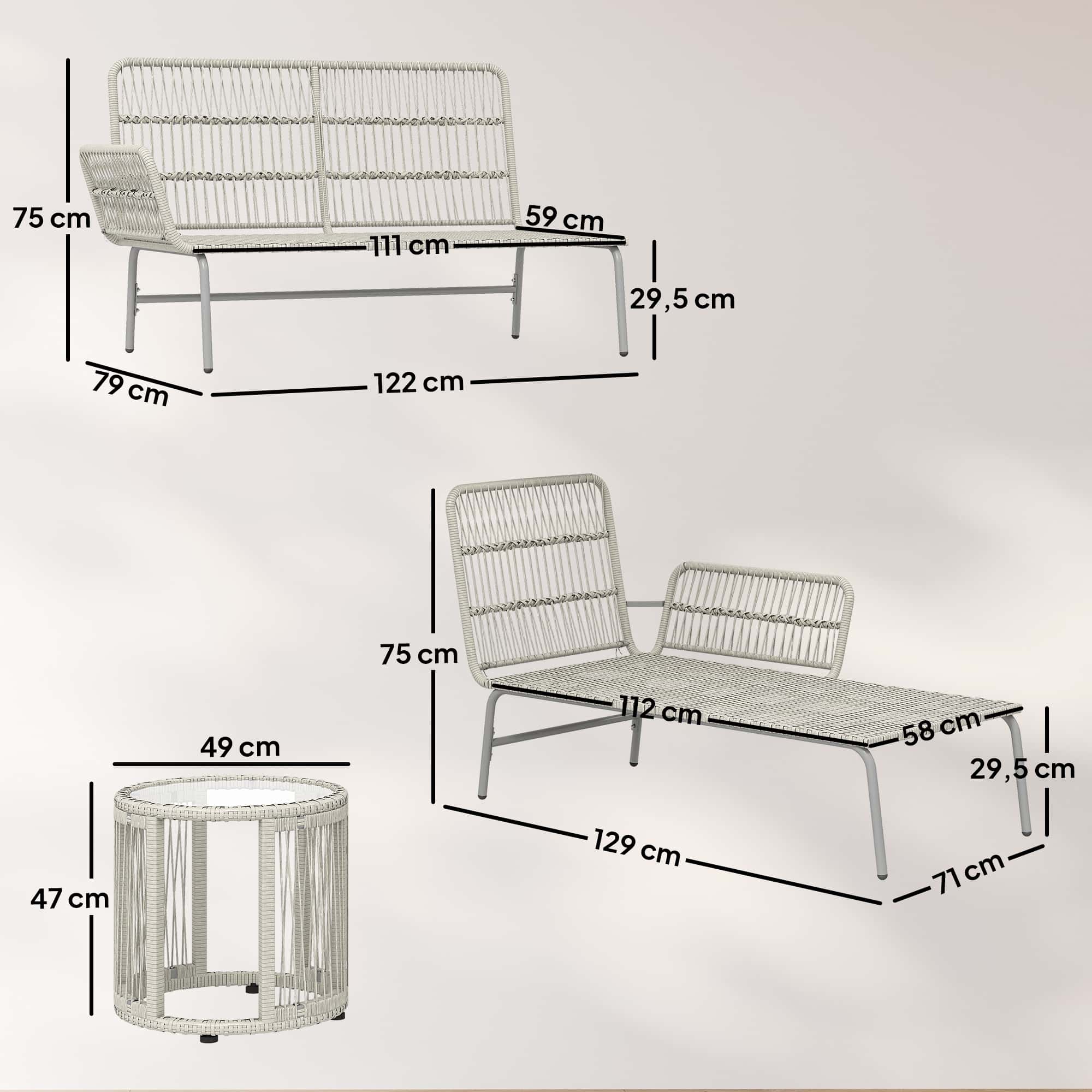 4goodz 3 persoons Loungeset met chaise longue en glazen tafel - afneembare kussens - Lichtgrijs