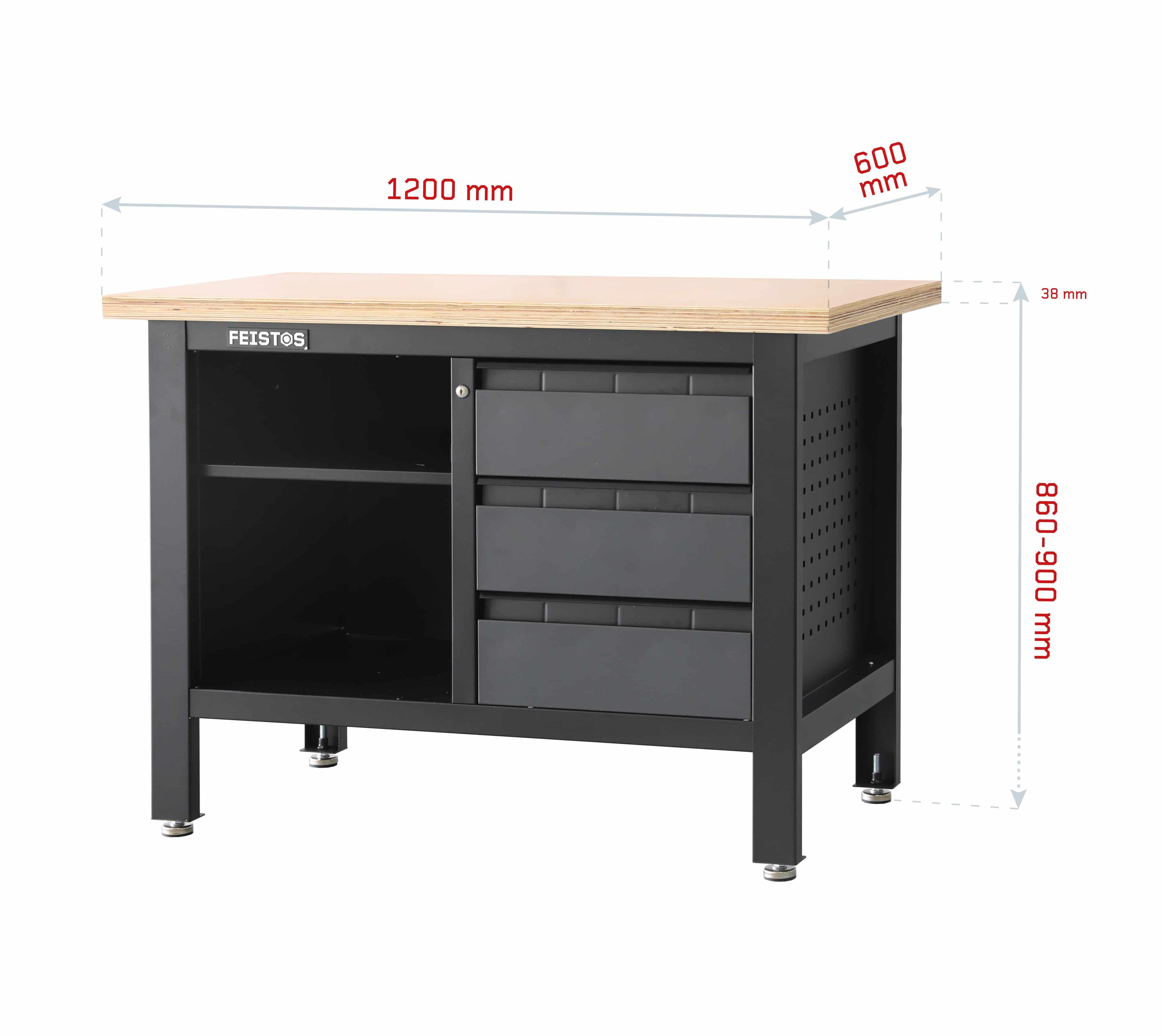 Feistos Werkbank Tito 2 - inclusief geperforeerde wand - 60x120x87cm - Antraciet/zwart