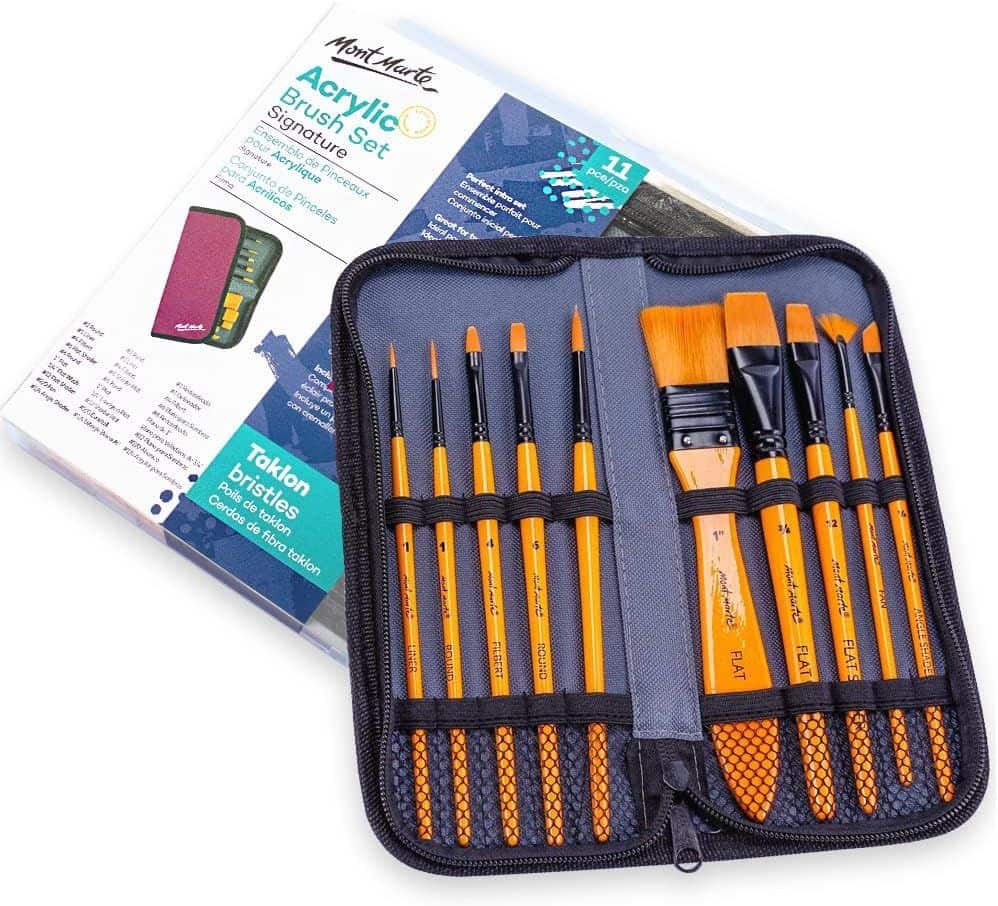 Mont Marte® 11 delige Penselenset Taklon Acrylverf Penselen in Etui - acrylverfkwast