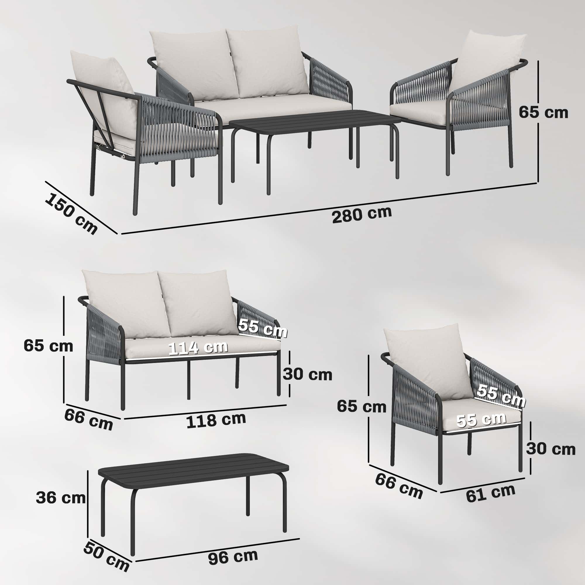 4goodz Tuinmeubelset 4-delig met salontafel bank en 2 stoelen - Grijs
