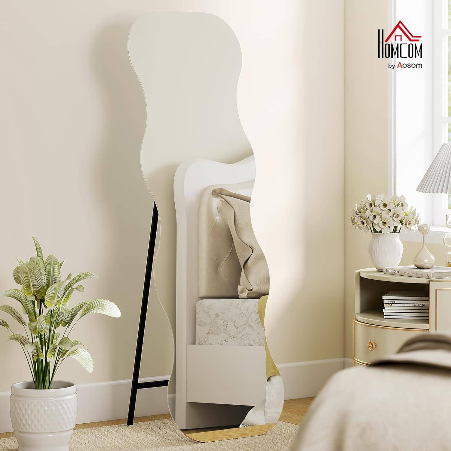 4goodz Frameloze Passpiegel 160x50 cm met houten voet - golfvormig 4goodz Frameloze Passpiegel 160x50 cm met houten voet - golfvormig