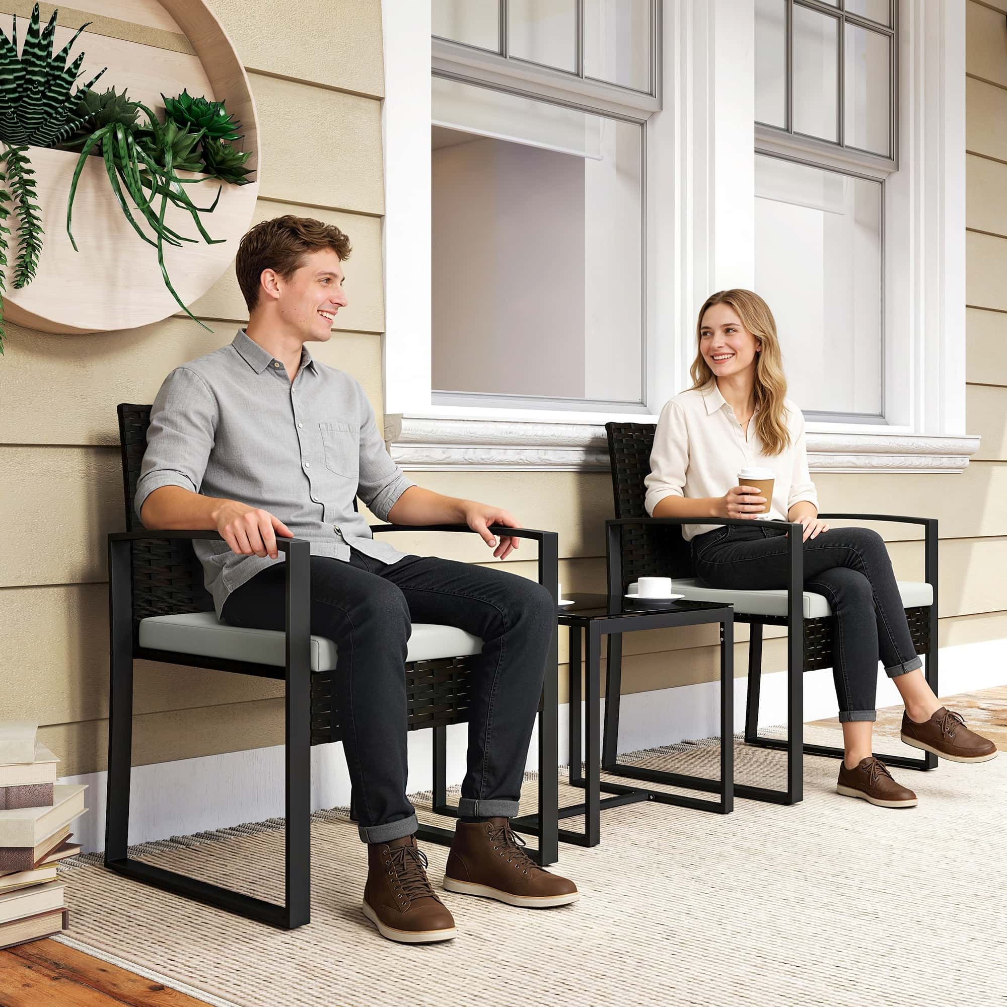 4goodz Rotan Tuinset 3-delig - afneembare zitkussen en tafel - Zwart/Creme