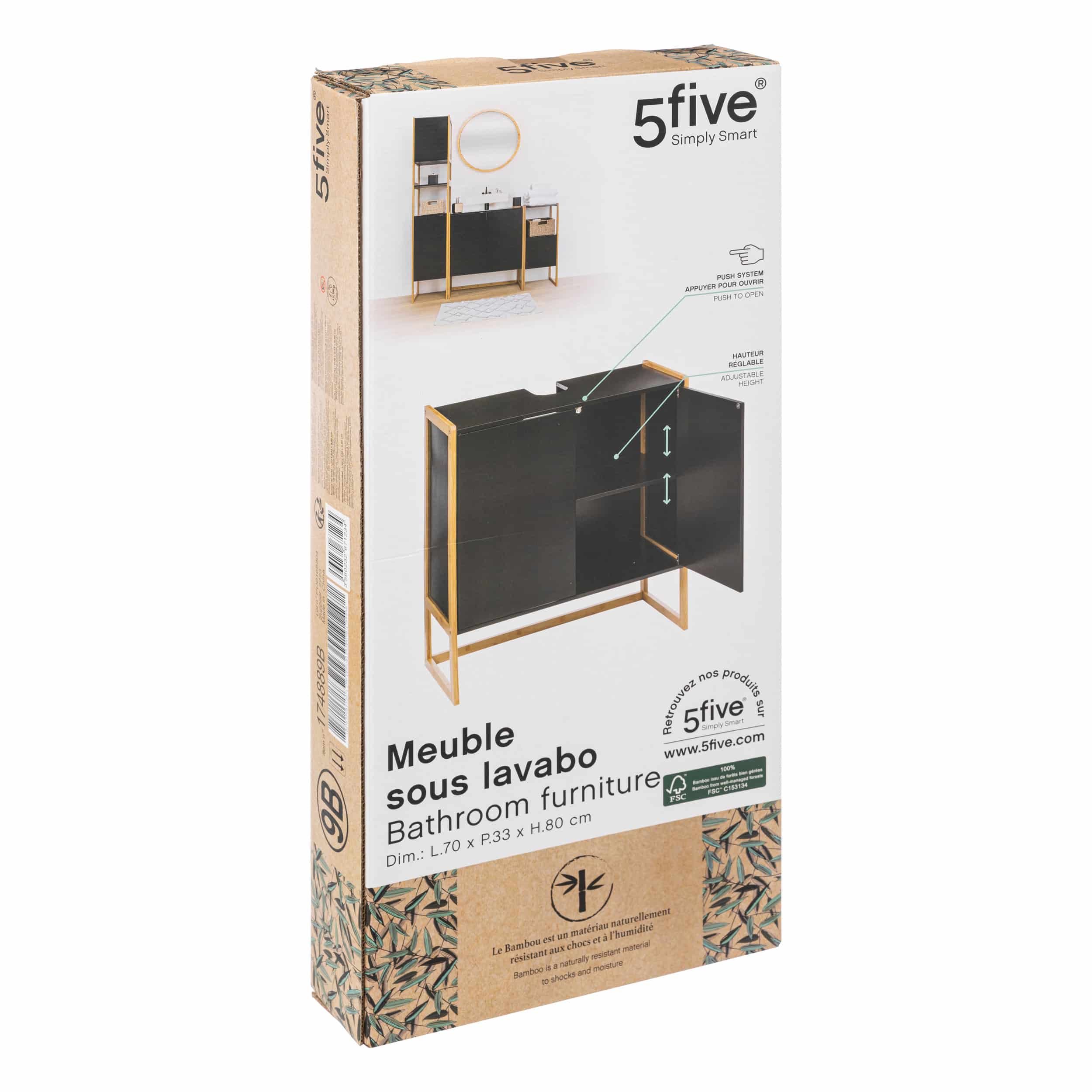 5Five® Natureo Wastafel Onderkast met Uitsparing 33x70x80 cm Bamboe/MDF - Zwart