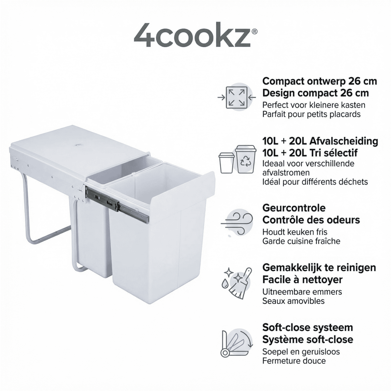 4cookz® Inbouw Prullenbak Afvalscheiding 26 cm breed - 30 liter - Wit