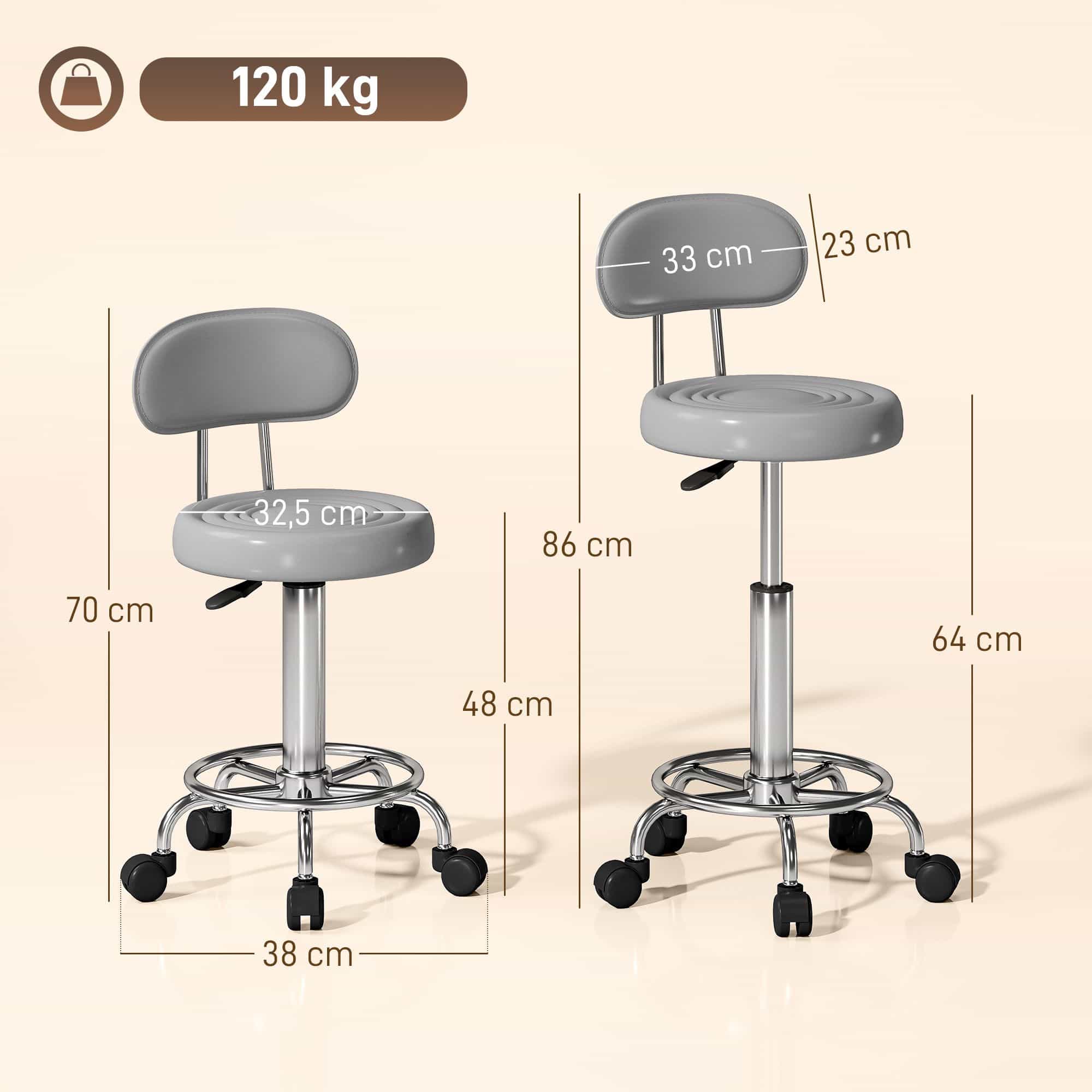 Ergonomische Rolkruk met Rugleuning in Hoogte Verstelbaar - Grijs