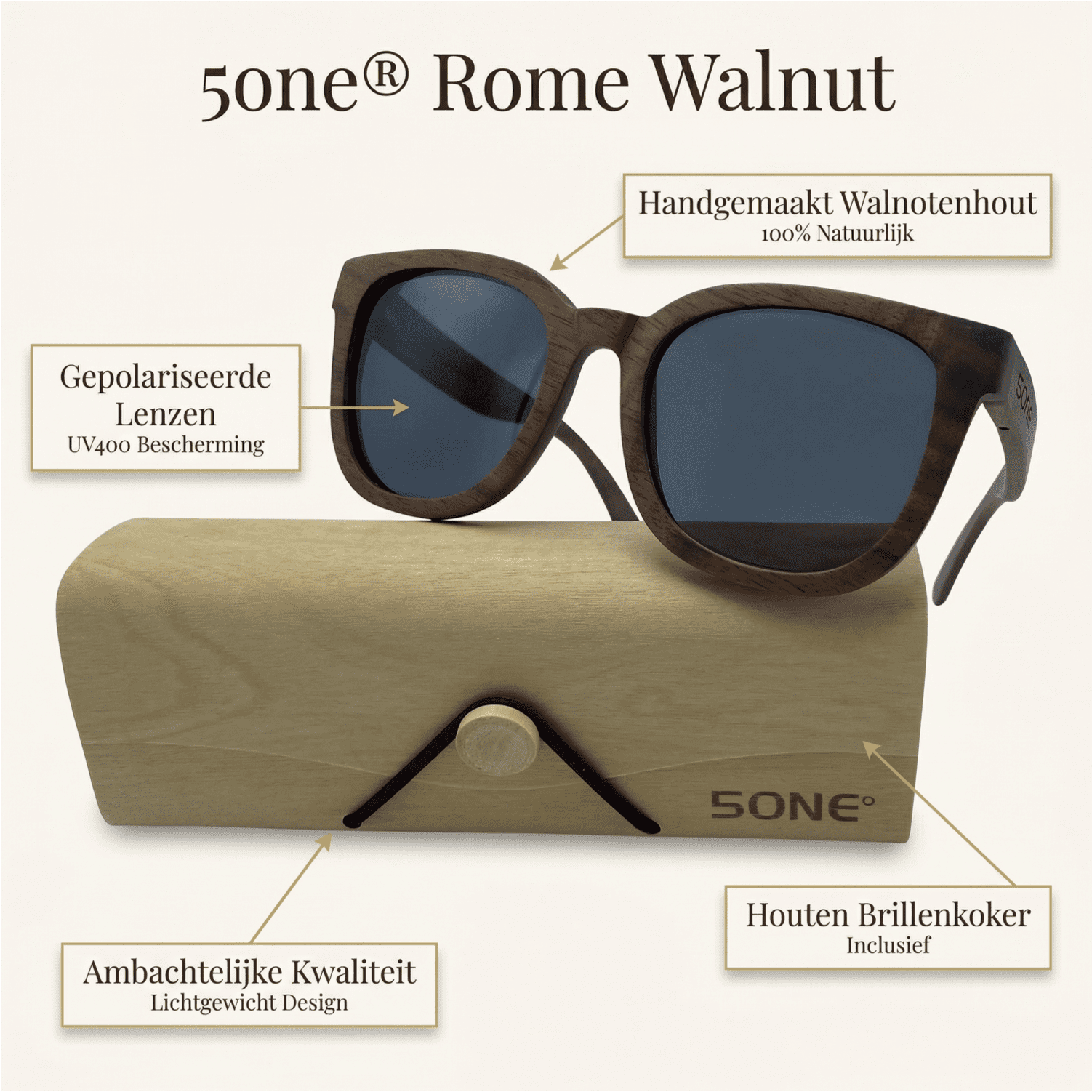 5one® Rome Walnut zonnebril met grijze lens - Houten Zonnebril