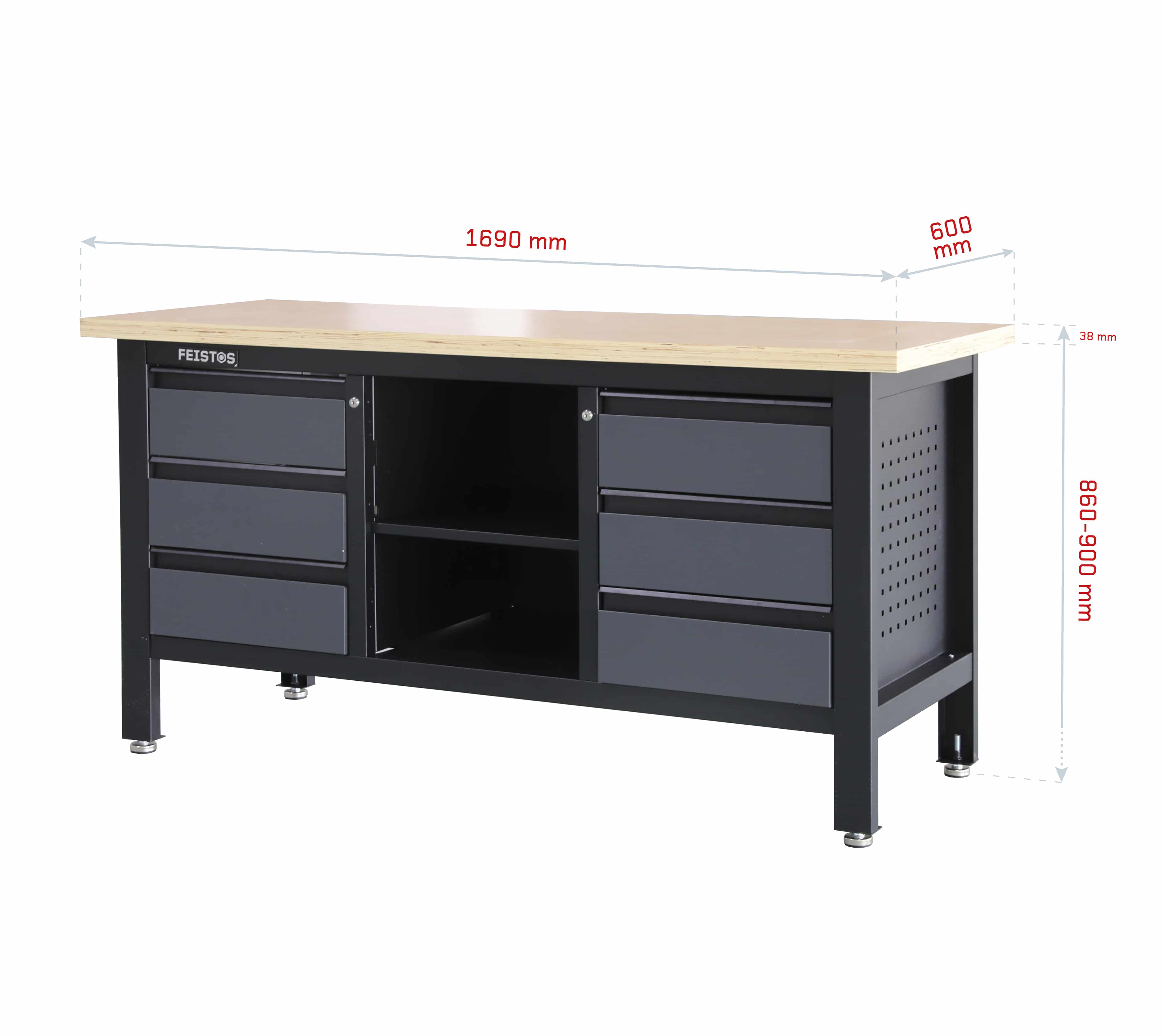 Feistos Werkbank Heros 3 - incl. geperforeerde wand - Antraciet/zwart - 60x169x87cm