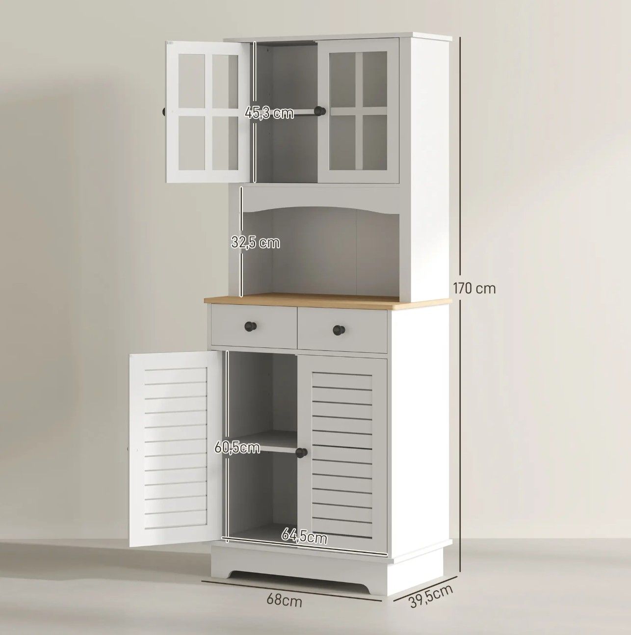 Klassieke Buffetkast Hoog met 2 matglas deuren 39x68x170 cm - Wit