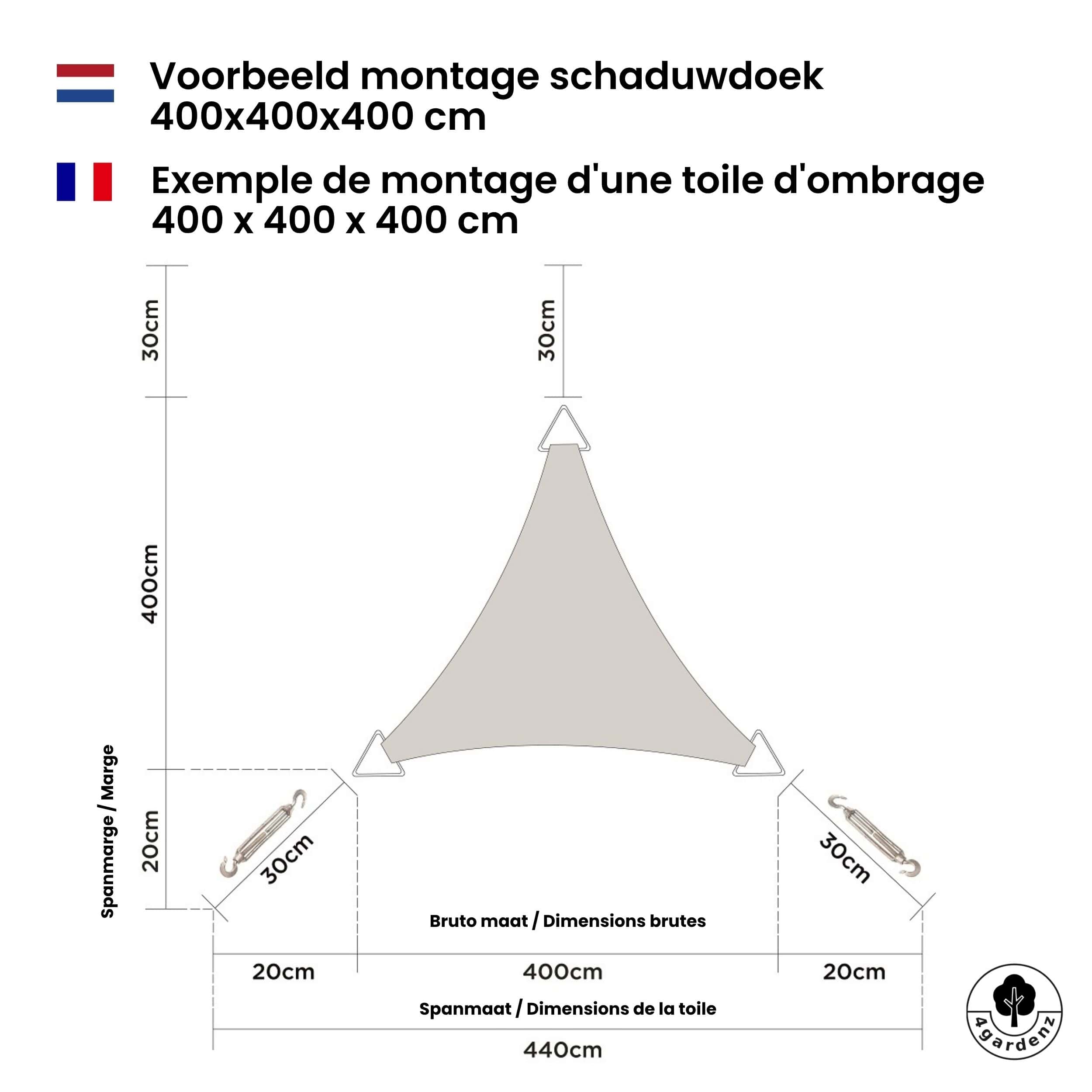 4gardenz Schaduwdoek Waterafstotend Driehoek 3x3x3 mtr - Zand 4gardenz Schaduwdoek Waterafstotend Driehoek 3x3x3 mtr - Zand