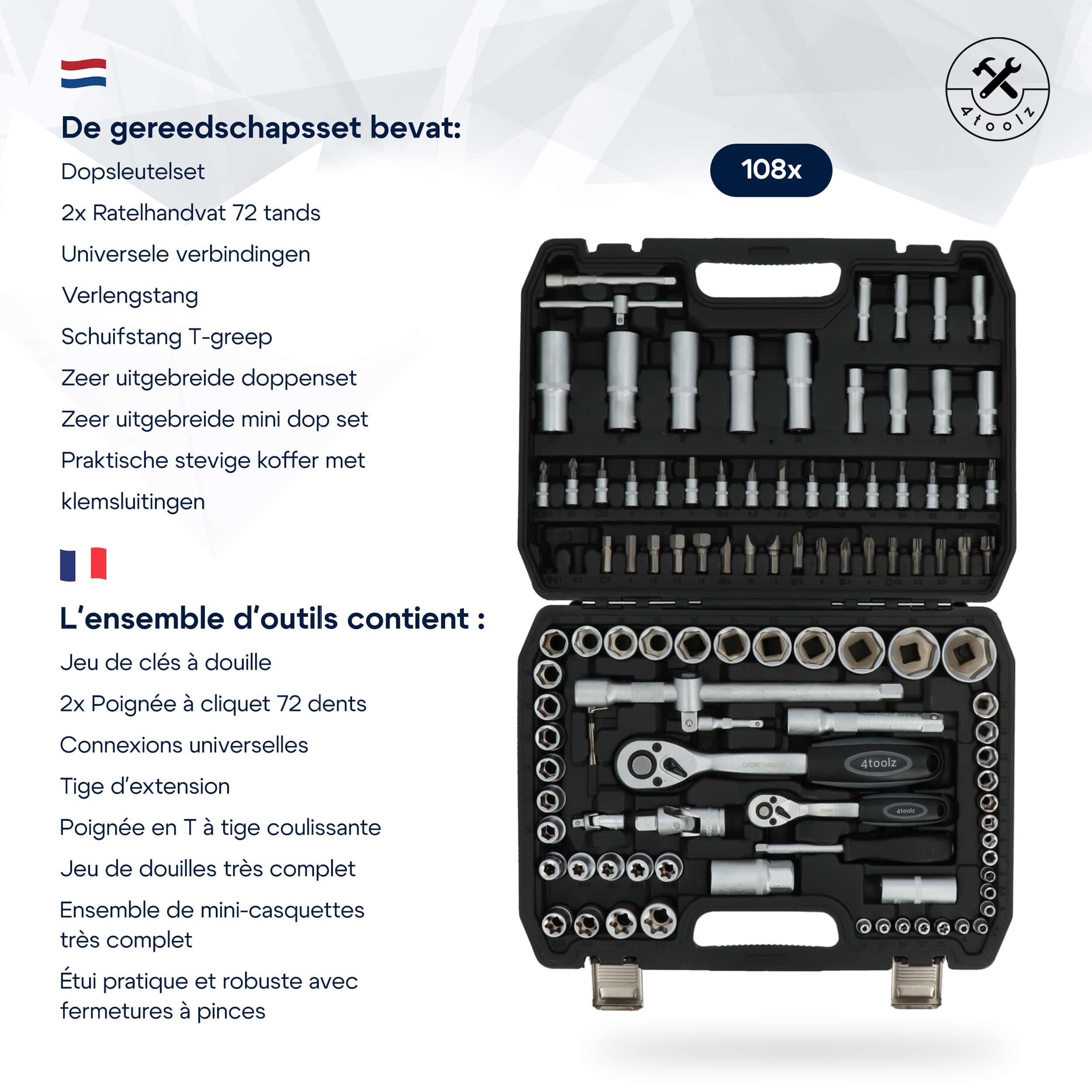 4toolz ® Doppenset 108-delig in Koffer - 72 tands Ratels 1/2" en 1/4'' Doppen en Bit-set