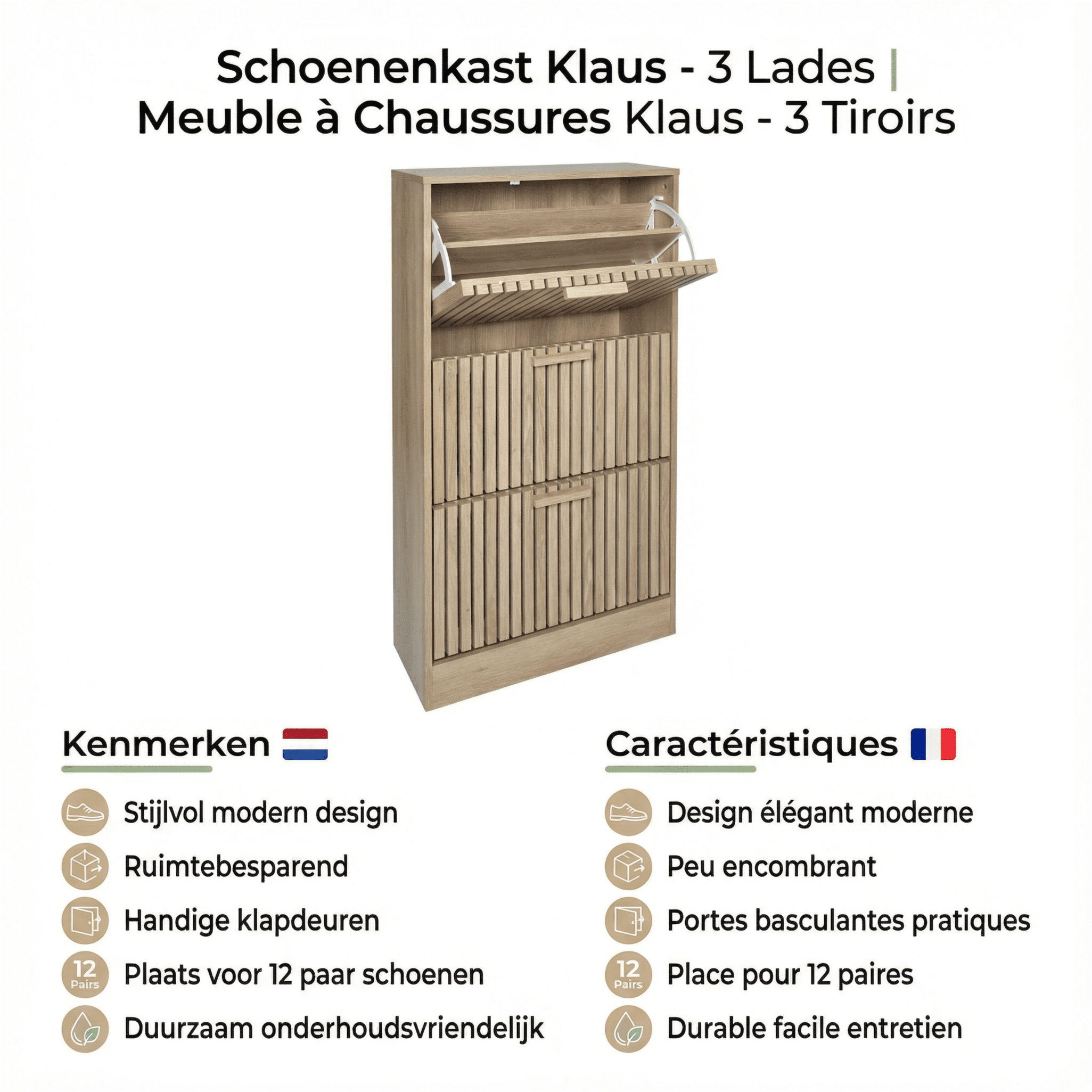 Schoenenkast Klaus 3 lades 24x60x113 cm - voor 12-18 paar - Bruin