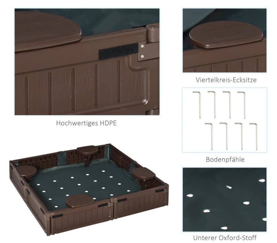 4goodz Zandbak met afdekzeil &amp; bodemzeil, modulair ontwerp - 4 zitplaatsen - Bruin