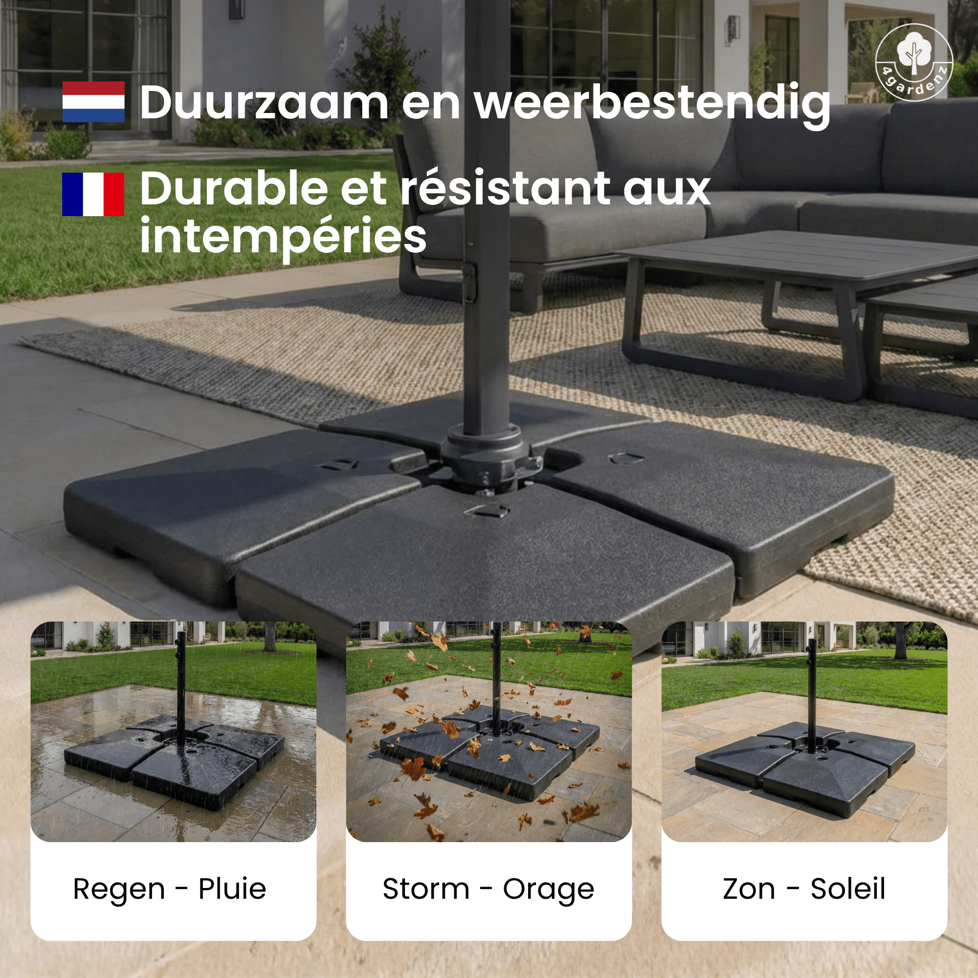 4gardenz® Parasolvoet-tegels Vulbaar 120 kg – 4-delige set voor Zweefparasols en Grote Parasols inclusief metalen klemmen