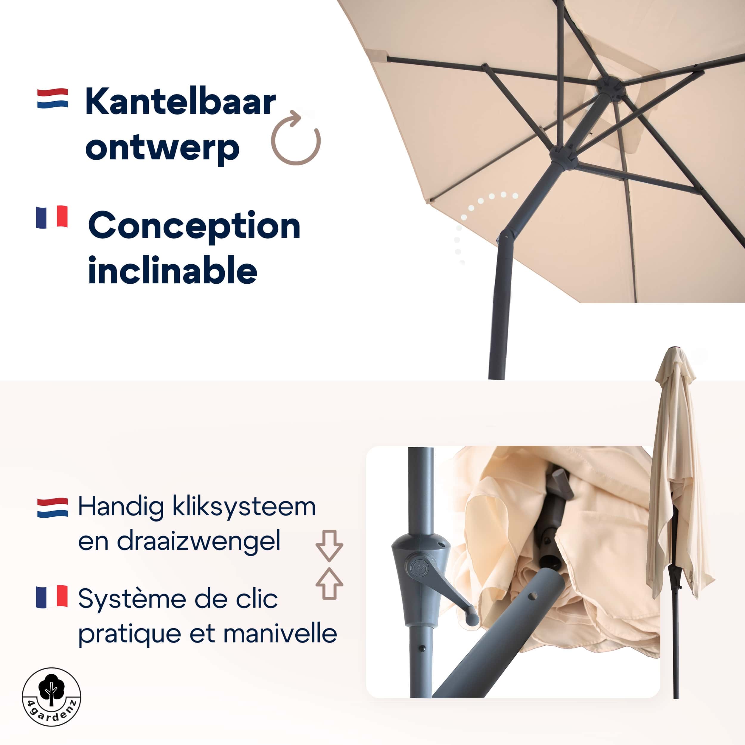 4gardenz® Parasol Rechthoek 150X250cm Kantelbaar - Balkonparasol Creme