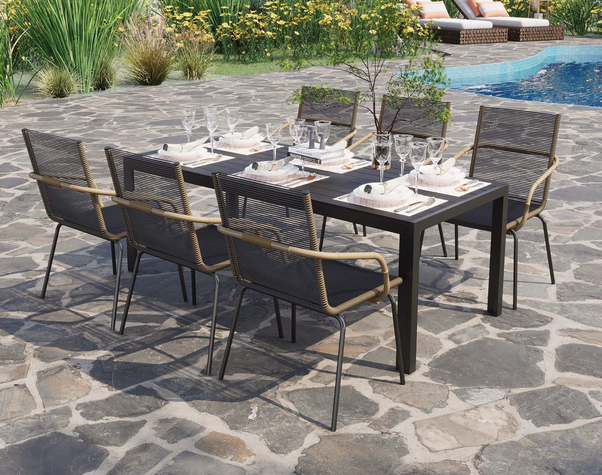 4goodz Tuintafel 6 Persoons Kunststof - Houtlook tafelblad - Zwart