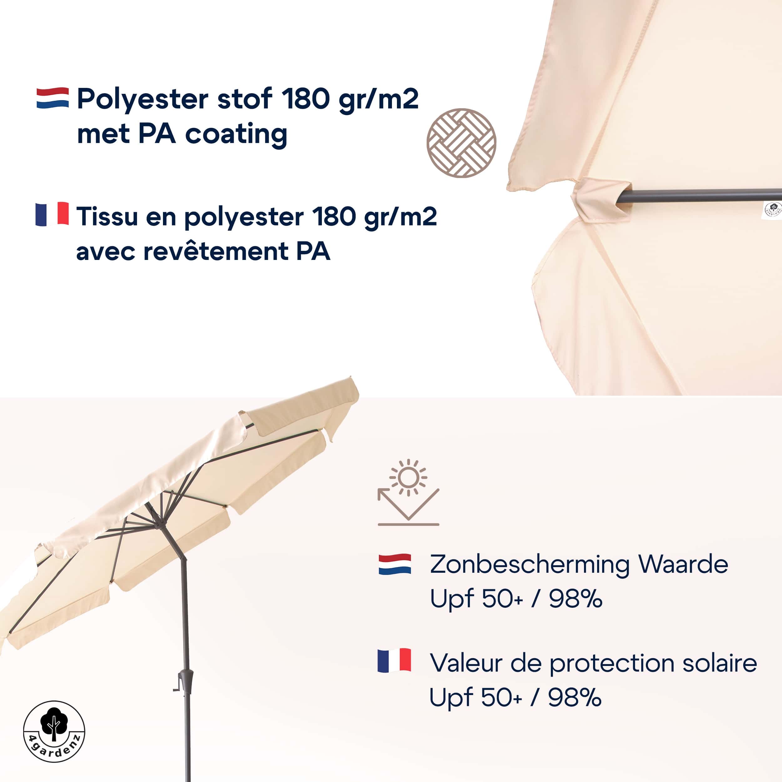 4gardenz® Parasol Rond 300 cm met Volant - Kantelbaar - UPF50+ - Creme