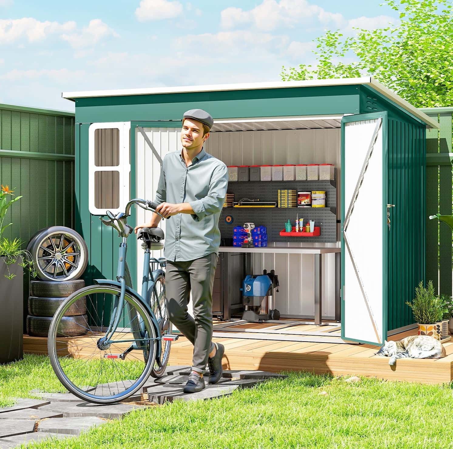 4goodz Metalen Tuinschuur - Raam en Deuren - 177x260x190 cm - Groen