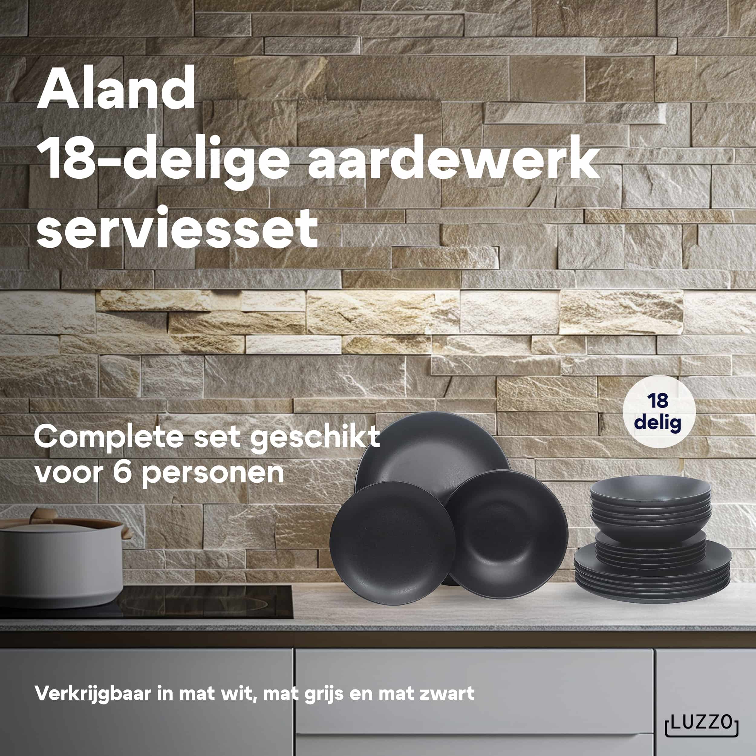 Luzzo® Serviesset Aland 6 persoons Aardewerk - 18-delig met Pastaborden - Mat Zwart