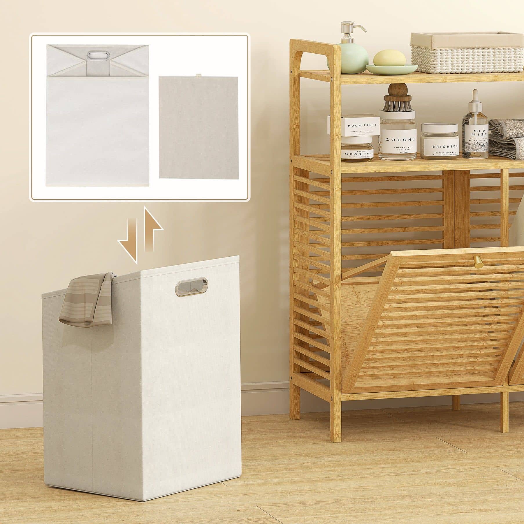 Bamboe Wasmand 82 liter met 2 los kantelbare wasmanden - Bruin Bamboe Wasmand 82 liter met 2 los kantelbare wasmanden - Bruin