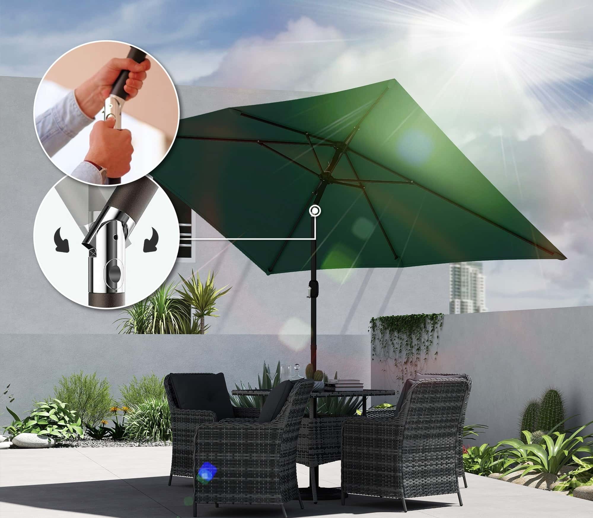 4goodz Parasol 300 x 200 cm - kantelbare balkonparasol met draaihendel - groen